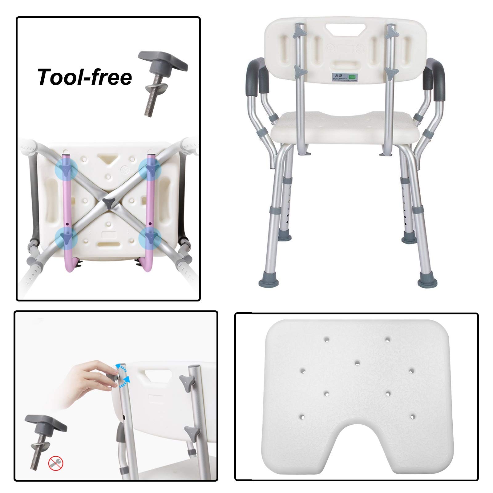 Adjustable Shower Chair with Arms & Back - Removable Bath Stool for Elderly, Disabled & Seniors - Tool-Free Assembly, Non-Slip Feet - Perfect for Spa, Bathtub & Bathroom Safety (White) - Ideal for Assisted Living, Post-Surgery Recovery & Daily Hygiene Care