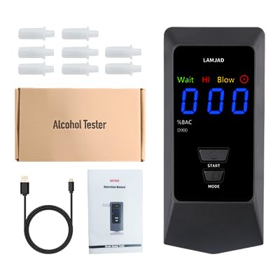 LAMJAD D900 Professional Digital Alcohol Breathalyzer with LED Display & USB Charger - 8 Mouthpieces Included - Semiconductor Sensor Technology for Personal & Workplace Safety Testing