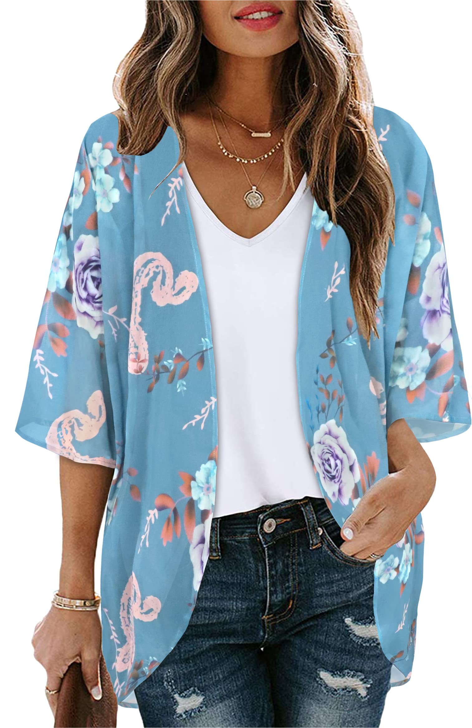 Floral Print Kimono Cardigan for Women - Lightweight Puff Sleeve Cover Up Blouse | Perfect for Beach, Summer Outfits & Casual Wear