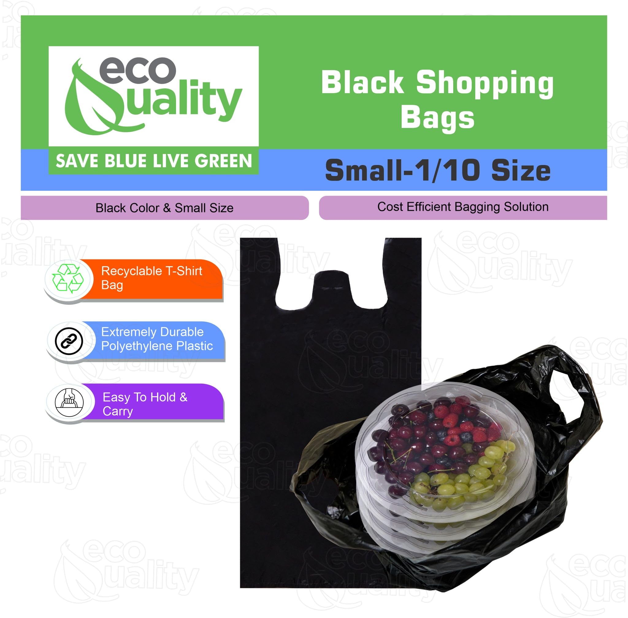 EcoQuality Plastic Black T-Shirt Bags 3000 Count - 1/10 Size Reusable Shopping Bags, Grocery Bags, Poly Bags (8x4x16 Inches, 13 Micron) - Perfect for Retail Stores, Supermarkets, Takeout & Home Organization