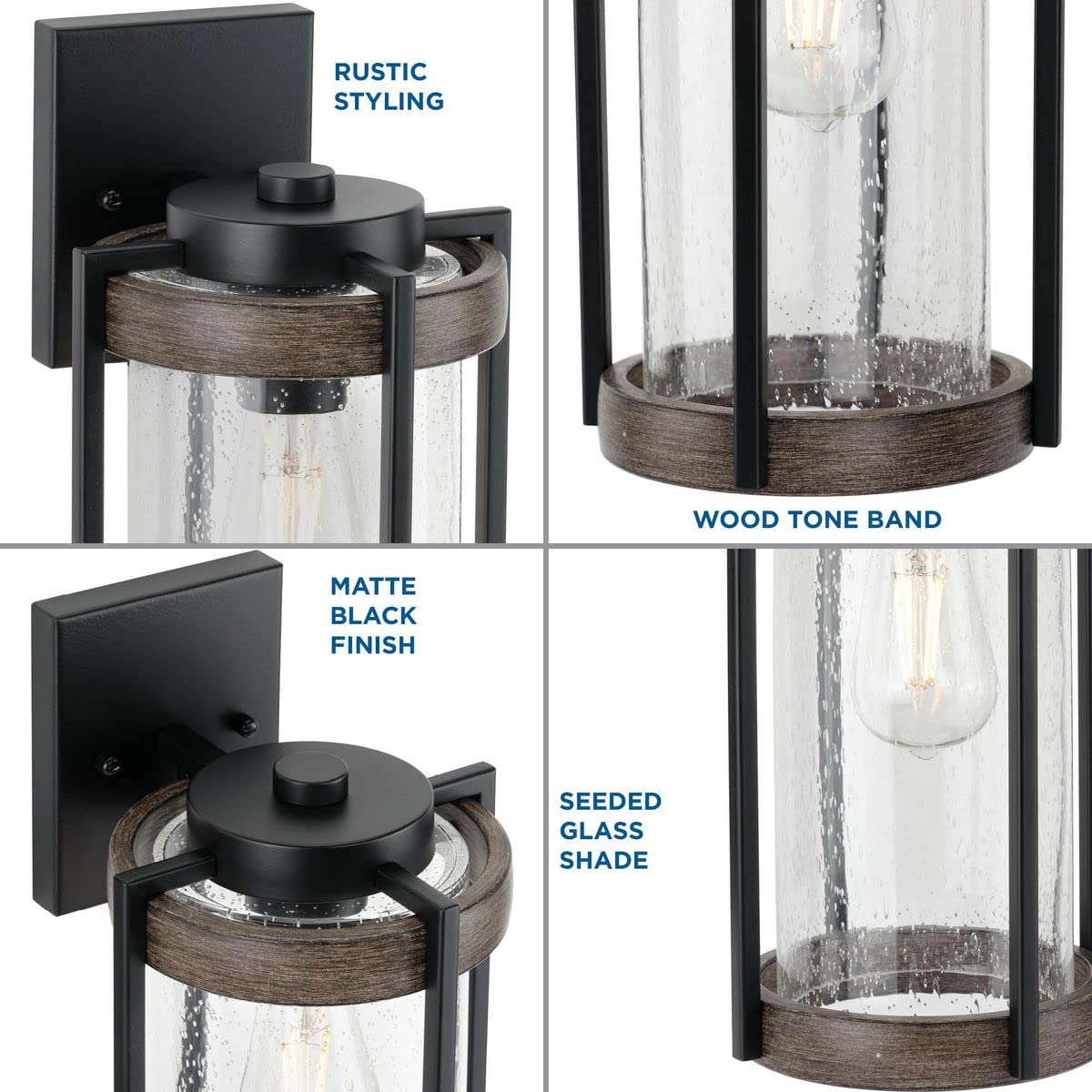 Whitmire Collection 1-Light Clear Seeded Glass Farmhouse Outdoor Wall Lantern with Aged Oak Accents in Matte Black - Perfect for Porch, Patio, Garden, and Entryway Lighting