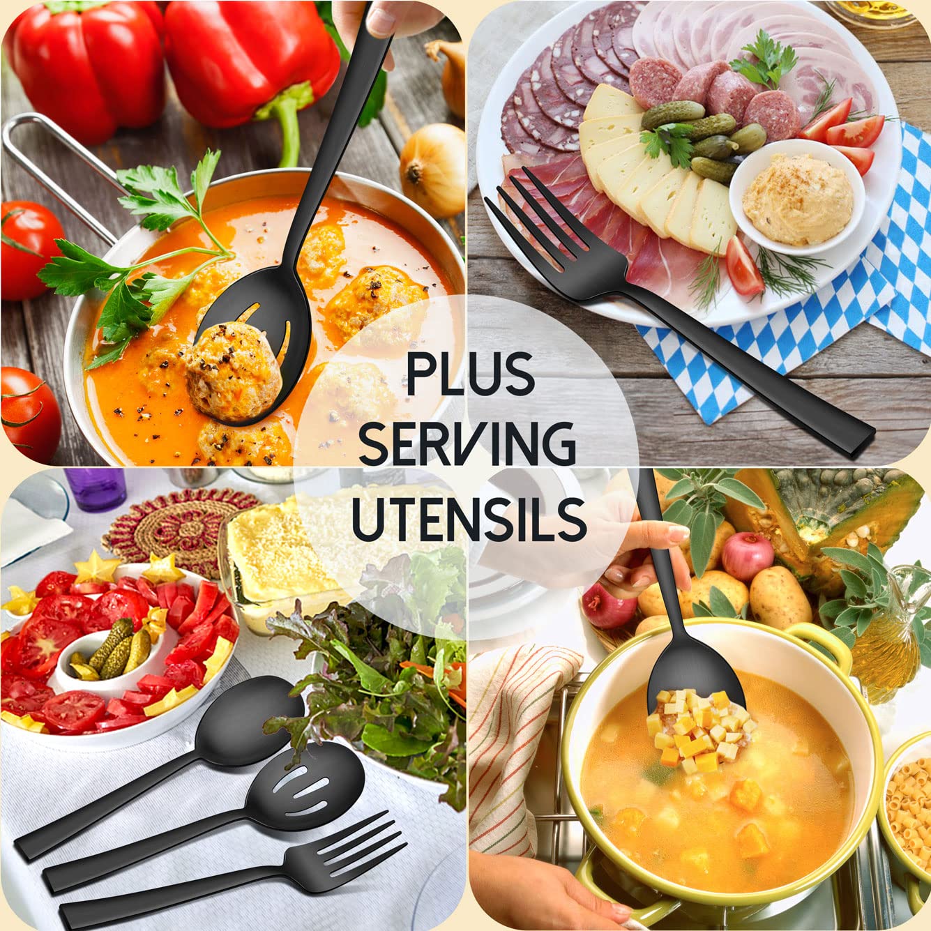 Herogo 23-Piece Matte Black Silverware Set - Stainless Steel Square Flatware with Serving Utensils, Modern Cutlery Set for Catering, Banquet & Home Dining - Dishwasher Safe Satin Finish - Perfect for Restaurants, Weddings & Everyday Use