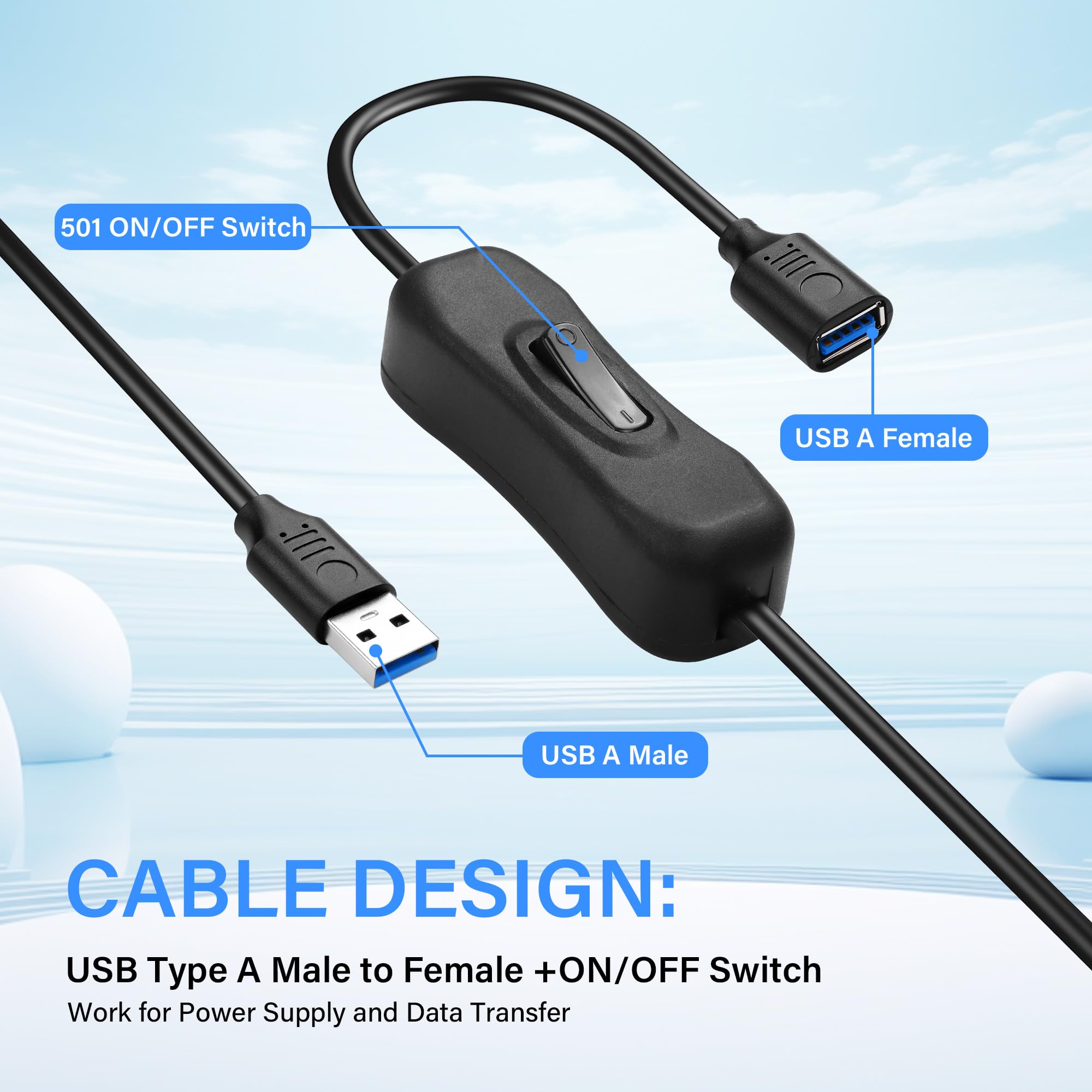 USB 3.0 Extension Cable with On/Off Switch - 1ft for PC, TV, Car & LED Strips