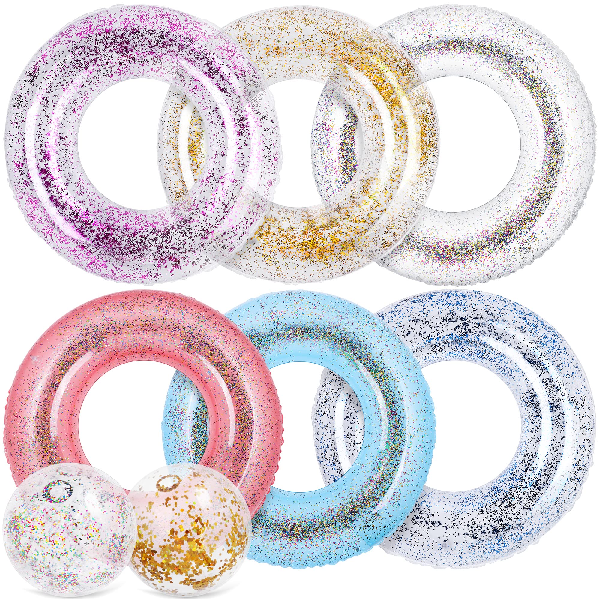 Elcoho 8-Pack Inflatable Glitter Pool Float Beach Balls - 35 Inch Large Swim Rings, Transparent Confetti Flotation Toys for Pool, Lake & Ocean | Perfect for Summer Parties, Backyard Swimming & Beach Vacations