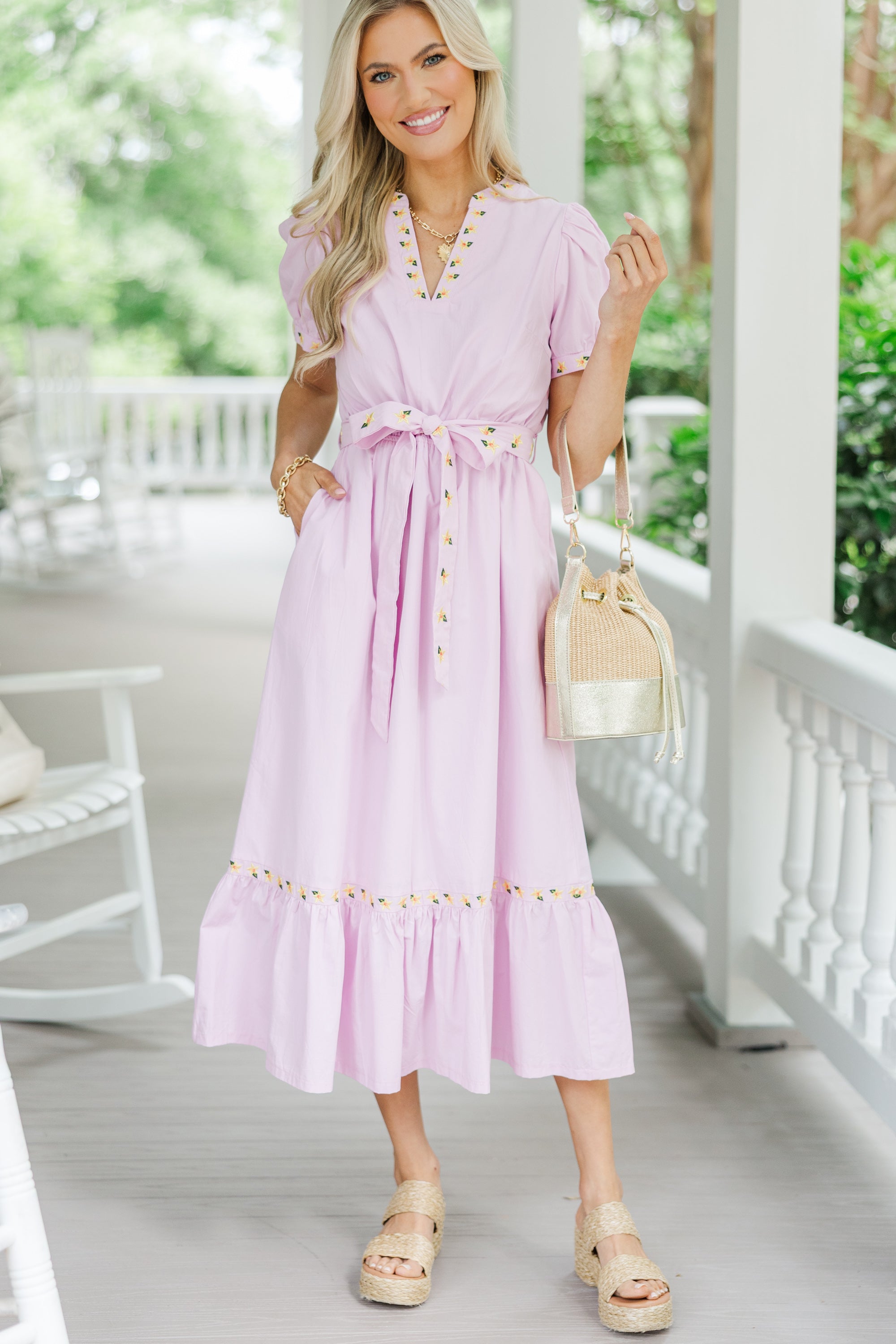 Pink Embroidered Midi Dress for Women - Elegant Floral Lace Summer Party Dress for Weddings, Dates & Special Occasions