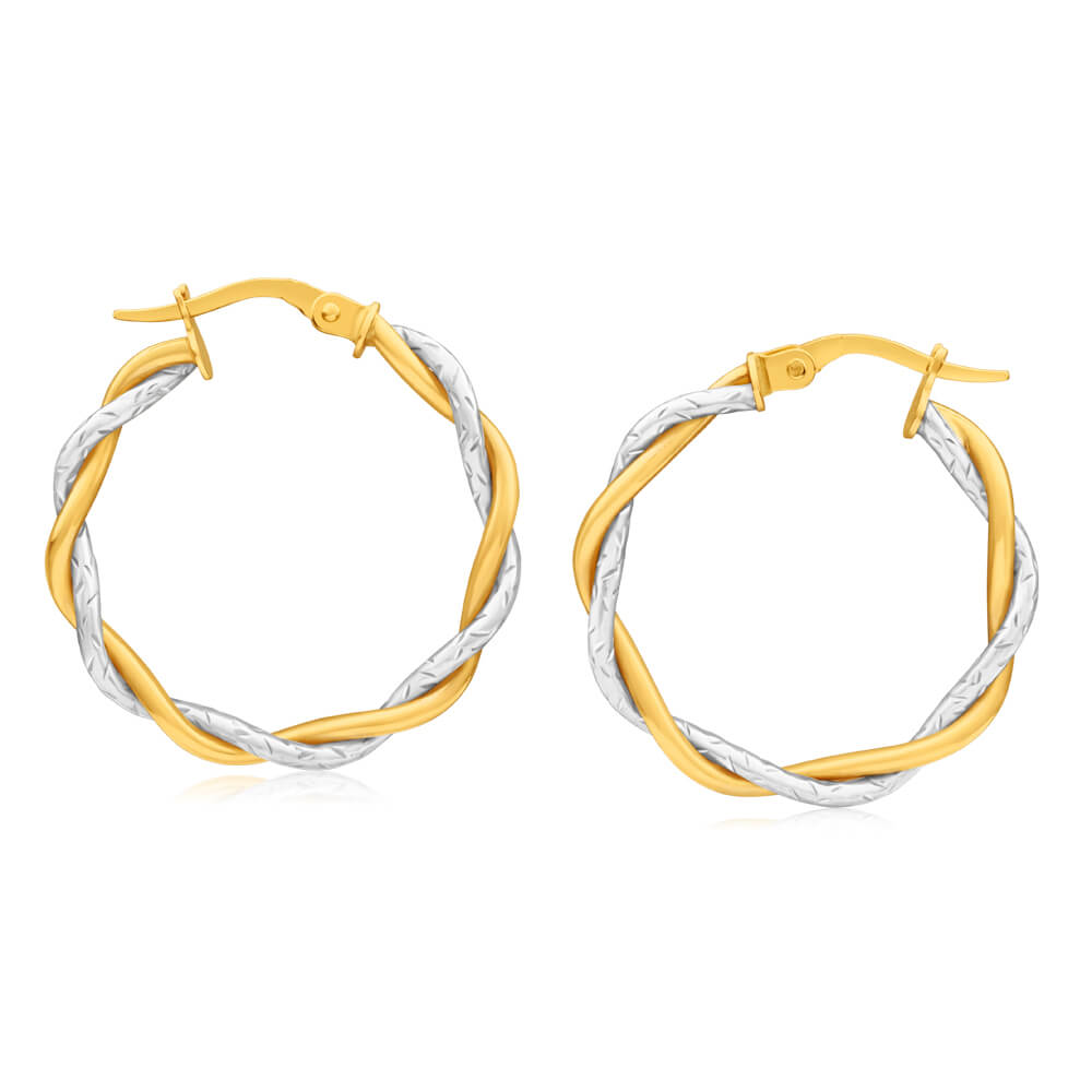 9ct Yellow & White Gold Hoop Earrings - Twin Tube Twist Design for Women | Perfect for Everyday Wear, Parties & Special Occasions