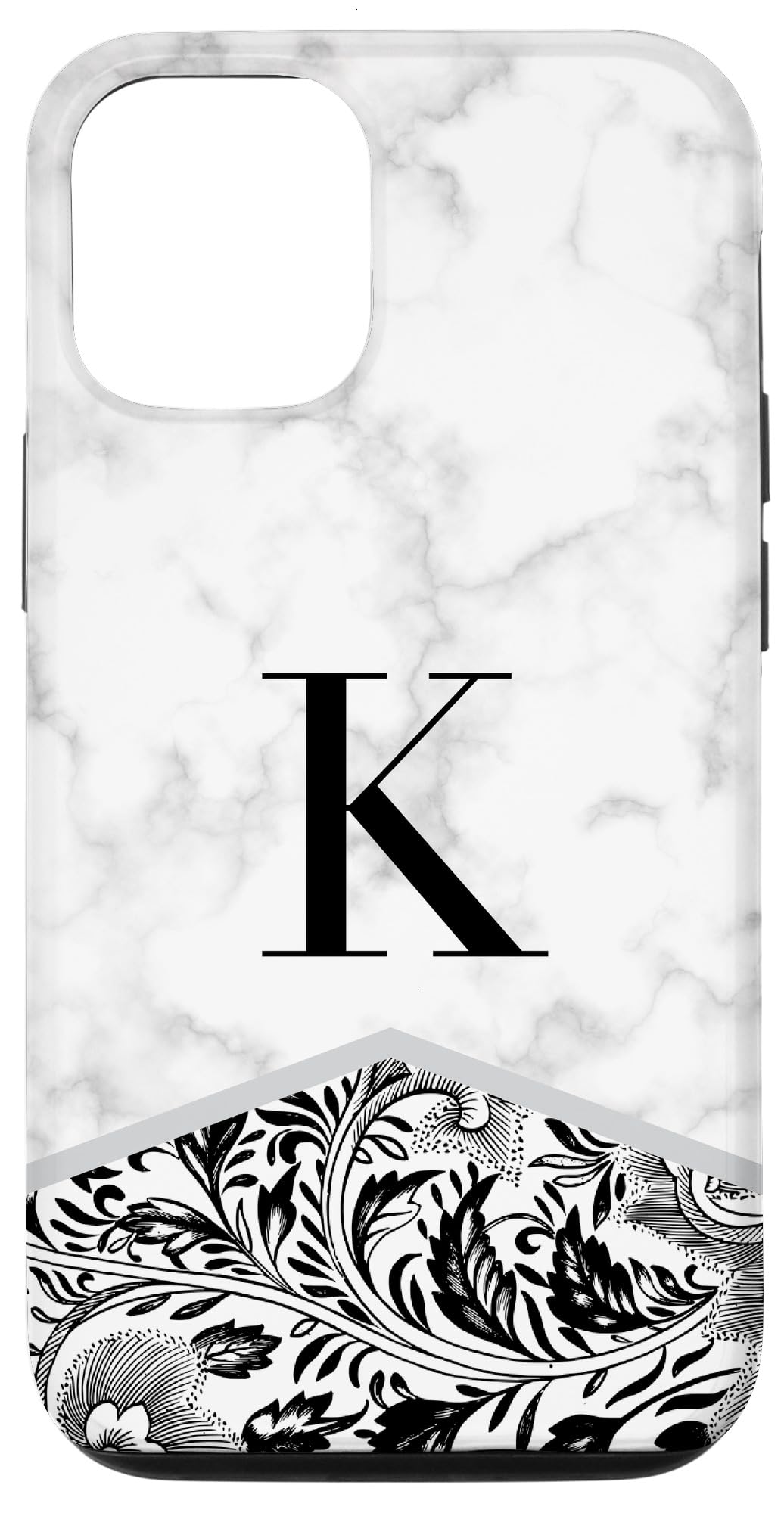 Premium Monogram Floral Phone Case for iPhone 12/12 Pro - Elegant Black & White Design with Custom Initial Letter K - Perfect for Everyday Use, Gifts & Fashion Accessories