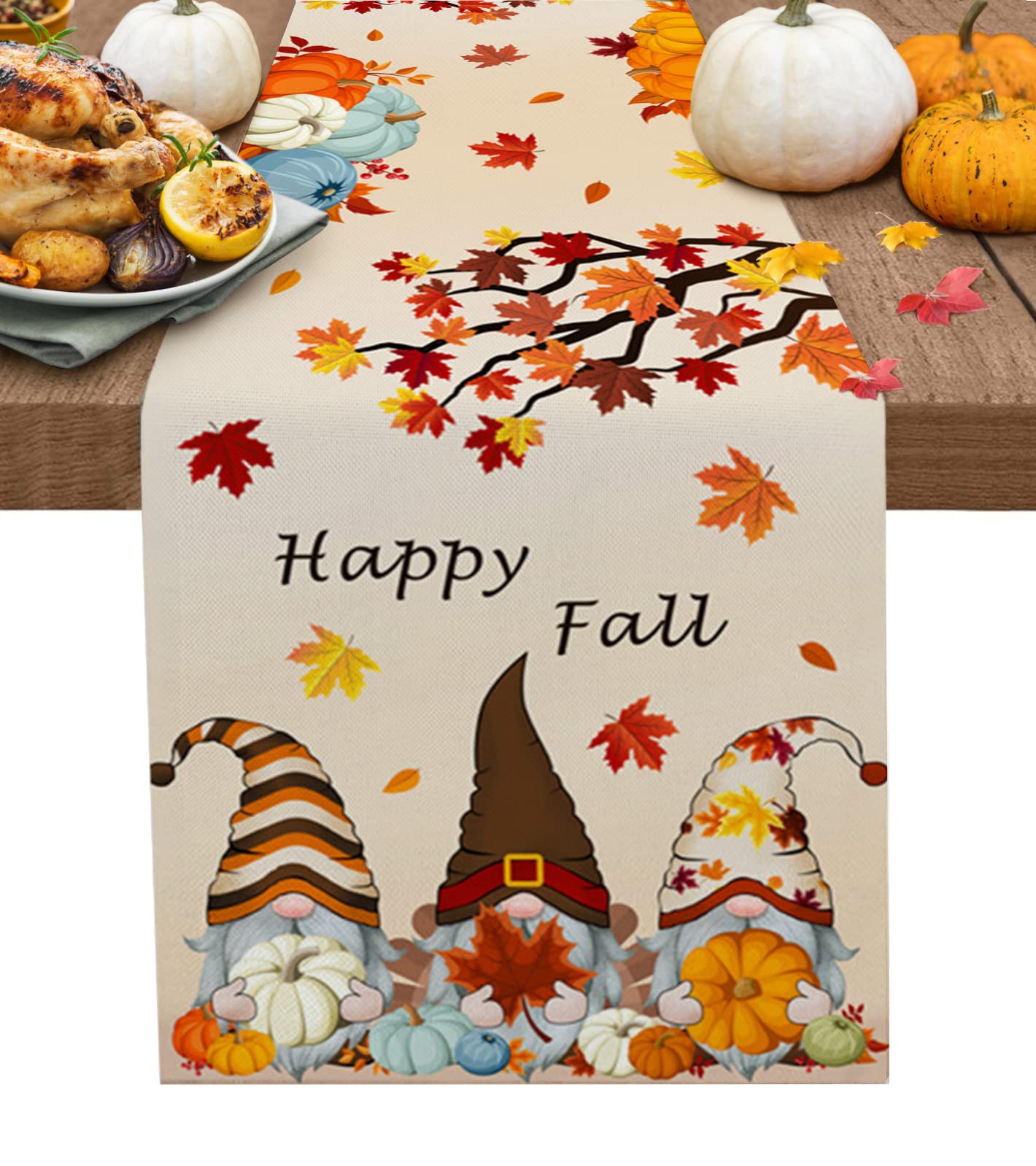 72 Inch Cotton Linen Table Runner - Thanksgiving Fall Farmhouse Decor with Pumpkin Maple Leaf Gnome Design, Perfect for Dining Table, Coffee Table, Wedding Party & Banquet Decorations | Burlap Kitchen Table Scarf for Autumn Home Decor