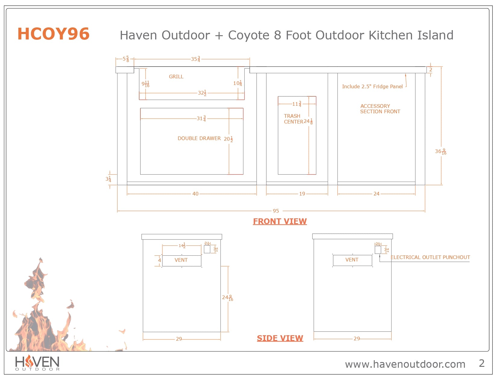 Haven 8 Ft. Outdoor Kitchen Island with Coyote Trash Center, 24 Inch Refrigerator & S Series 36 Inch Gas Grill – Perfect for Backyard BBQ, Patio Entertaining, and Outdoor Cooking