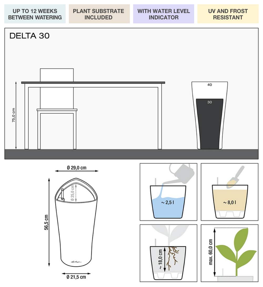 Lechuza Delta 30 Self-Watering Planter - Large Indoor/Outdoor Garden Flower Pot with Drainage Holes & Plant Substrate - 30
