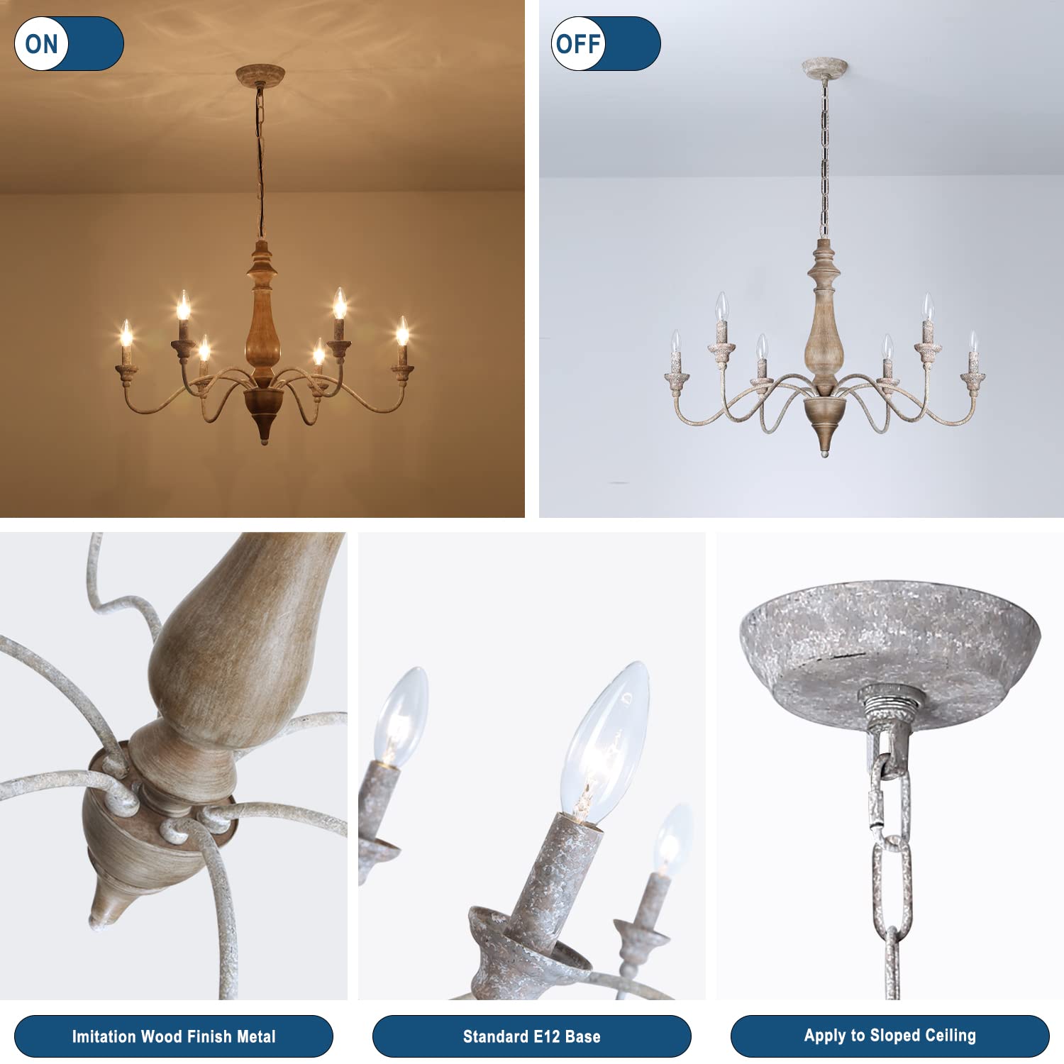 French Country 6-Light Farmhouse Chandelier - Rustic Wood Finish Candle-Style Lighting Fixture for Dining Room, Living Room, Bedroom, Kitchen & Stairway - 29.5