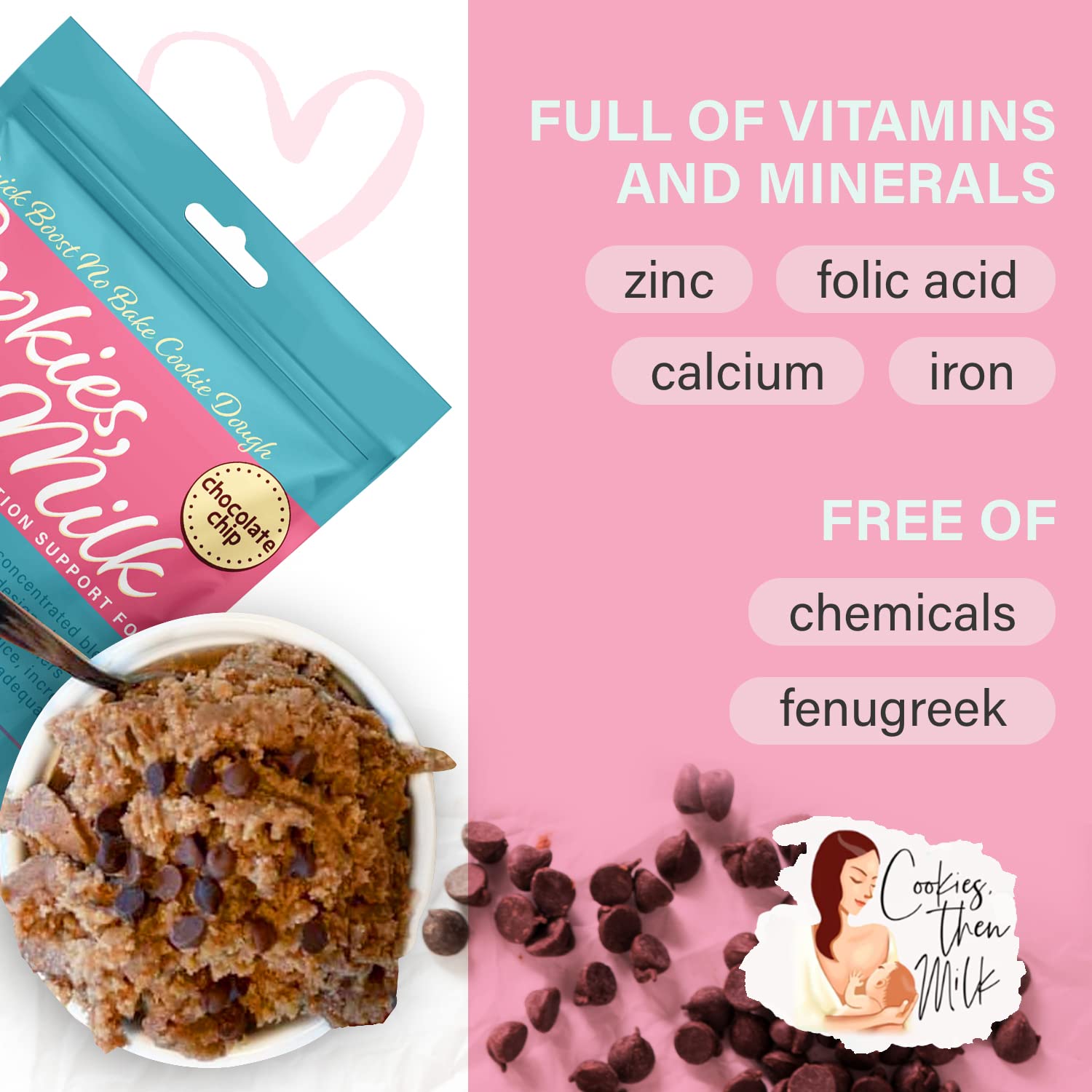 No Bake Lactation Cookie Dough - Fenugreek Free Breastfeeding Supplement with Chocolate Chips for Nursing Moms | Supports Milk Supply & Pumping | Perfect for Postpartum Snacking & Busy Mothers
