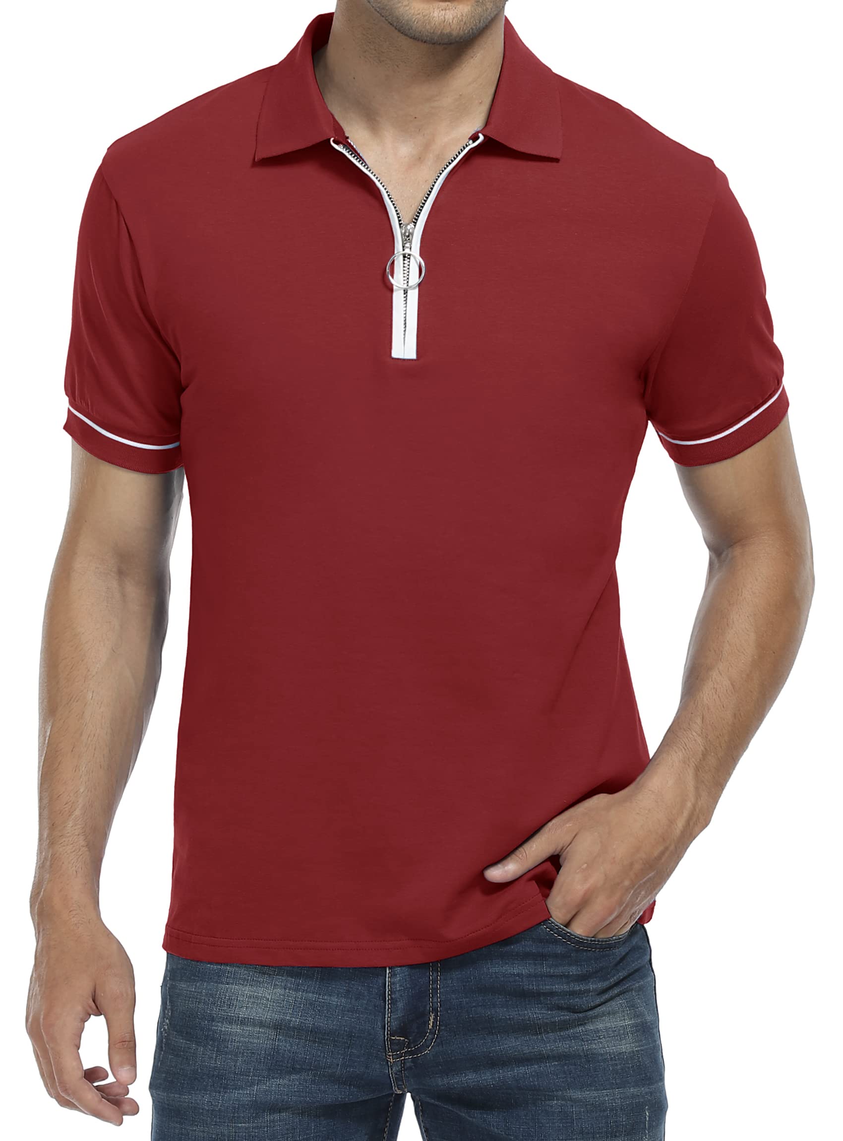 Men's Slim Fit V-Neck Lapel Quarter Zip Polo Shirt - Breathable Short Sleeve Golf & Casual Summer Tee for Work, Travel & Outdoor Activities