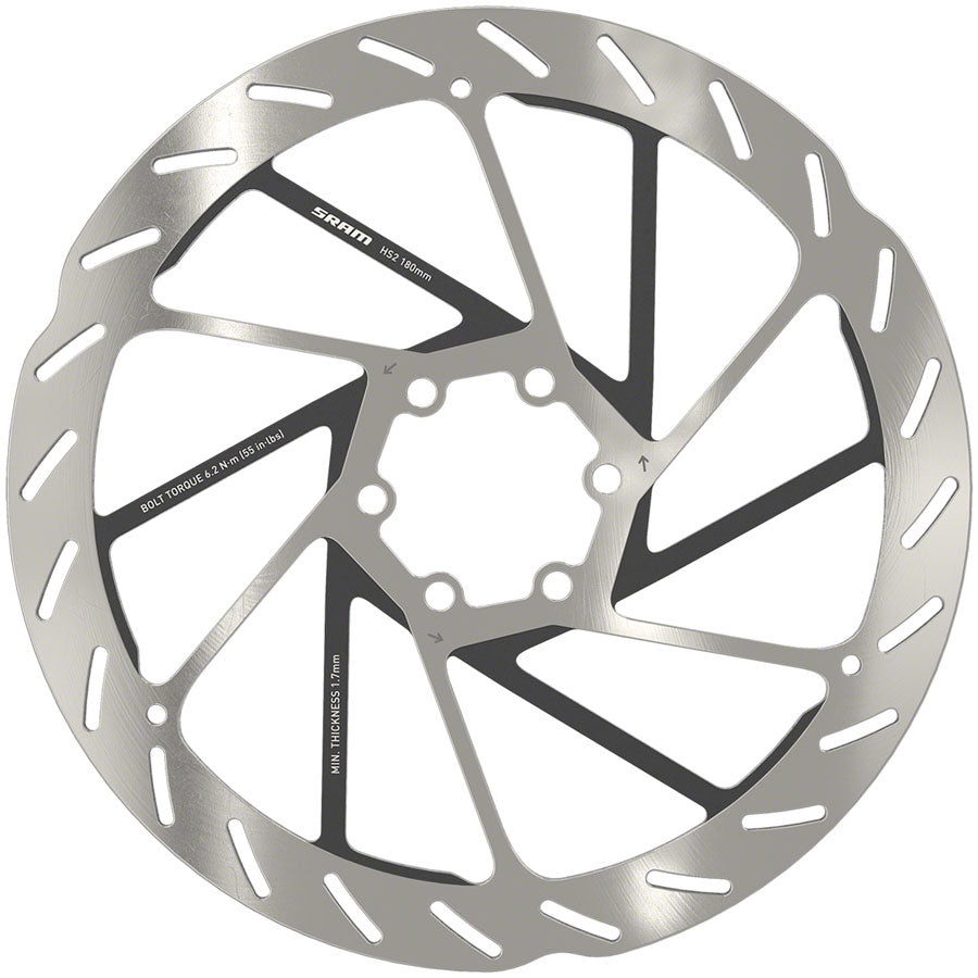 SRAM HS2 180mm Disc Brake Rotor - 6 Bolt Round Design in Silver/Black - High-Performance Mountain Bike Brake Rotor for Trail & Enduro Riding