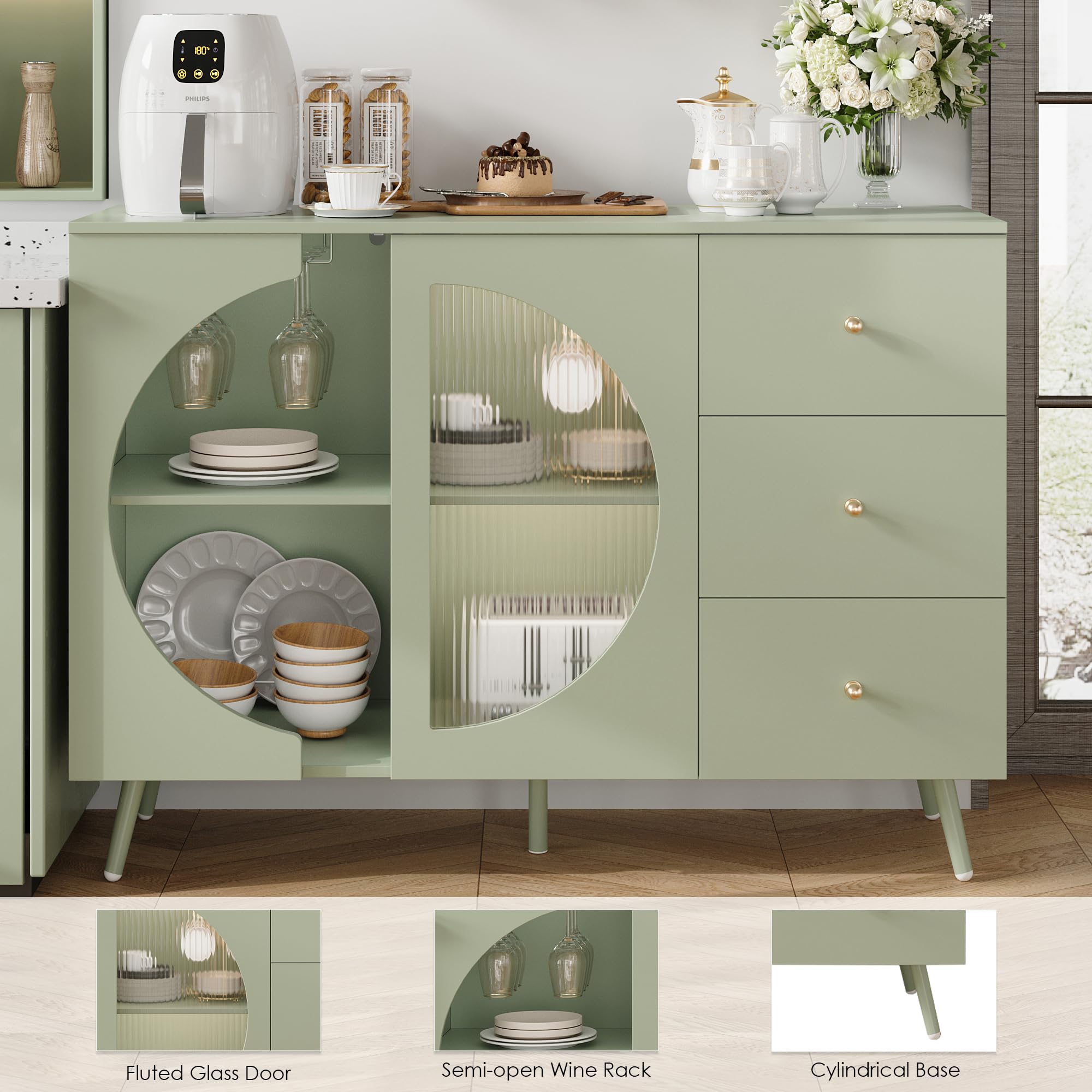 Modern Cream Coffee Bar Cabinet with Fluted Glass Door & Wine Glass Rack - Buffet Sideboard with Storage Drawers for Living Room, Kitchen or Dining Room - Elegant Green Home Furniture for Entertaining & Display