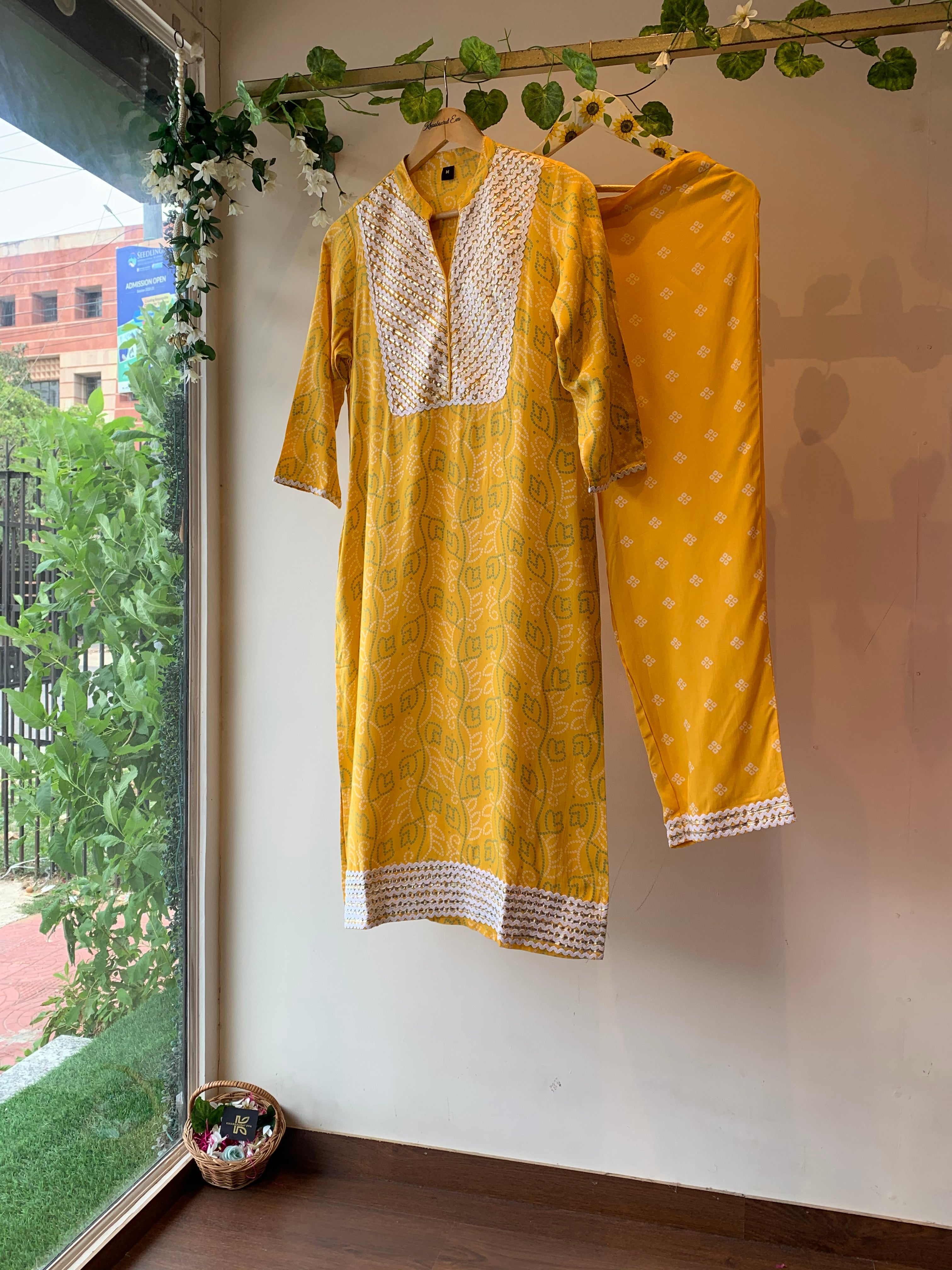 Stylish Yellow Bandhani Kurta Set with Sunshade - Traditional Indian Ethnic Outfit for Women | Perfect for Festivals, Weddings & Casual Wear
