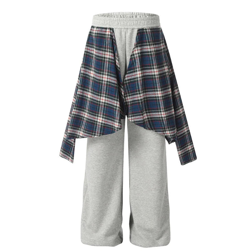 Trendy American Style Men's Sweatpants - High Street Fake Two-Piece Spliced Plaid Peplum Design Solid Color Casual Pants 9W1857 | Perfect for Gym, Lounge & Streetwear Fashion