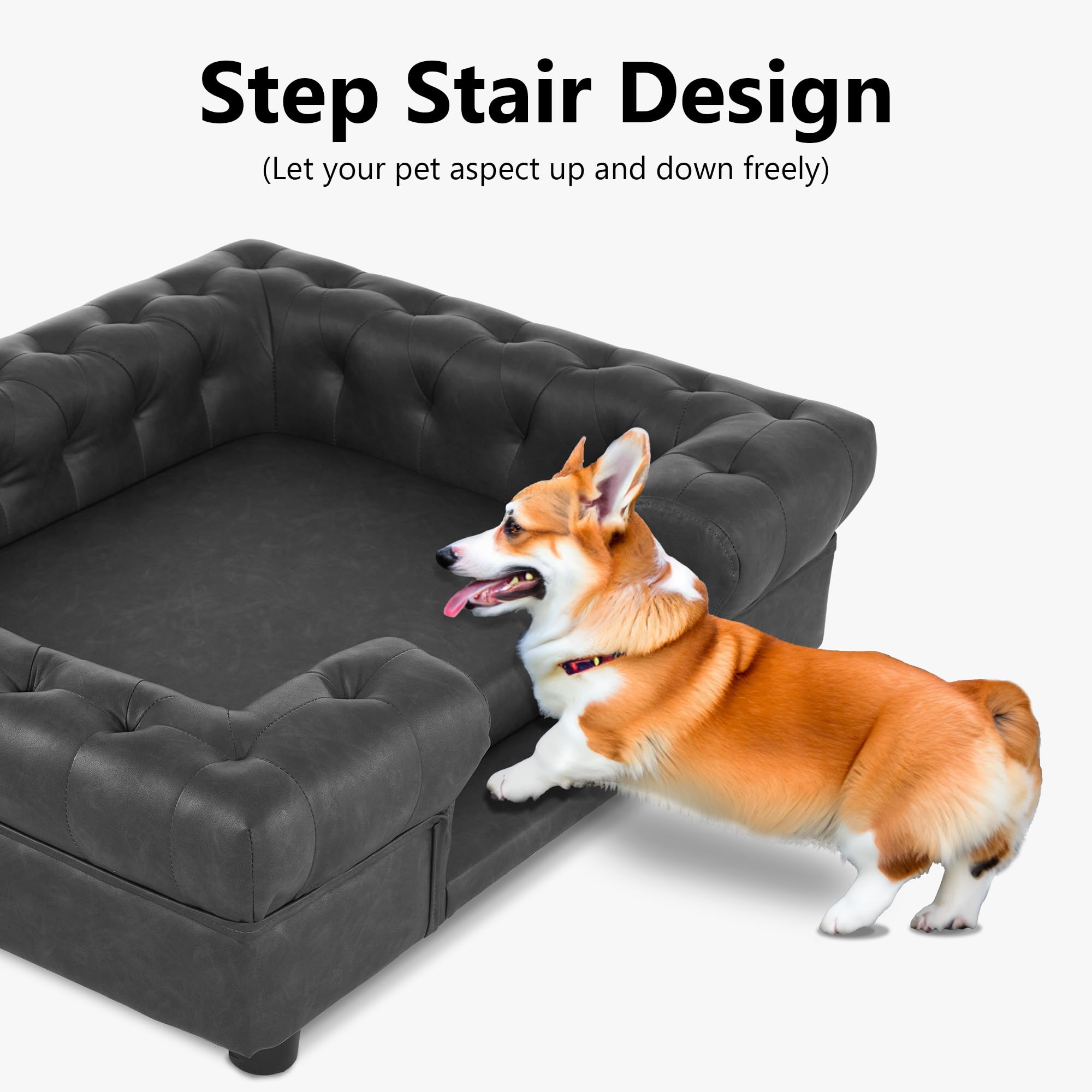 Premium Faux Leather Dog Couch with Stairs - Orthopedic Pet Bed for Medium Dogs, Washable & Durable Pet Sofa - Perfect for Living Room, Bedroom & Home Decor (Dark Grey)