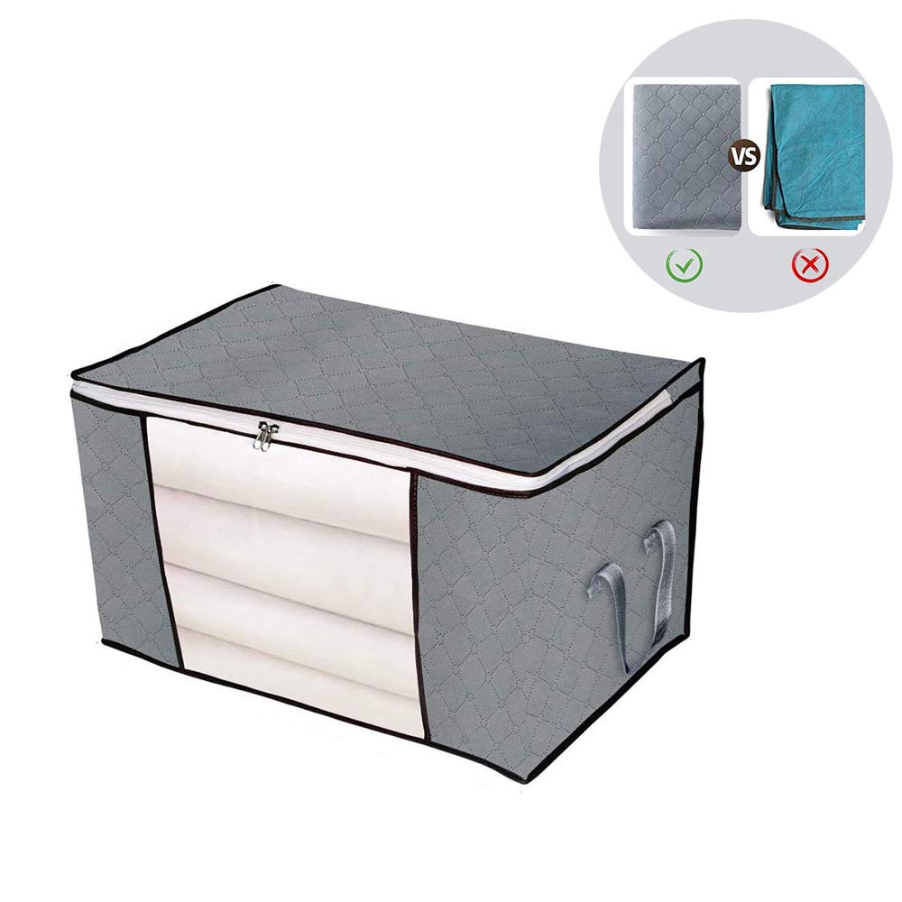 90L Large Clothes Storage Bags 3-Pack - Vacuum Seal Blanket Organizer for Comforters, Bedding, Pillows & Sweaters - Clear Window, Heavy Duty Fabric, Odor-Free with Reinforced Handles (Gray) - Perfect for Closet, Underbed & Seasonal Storage Organization
