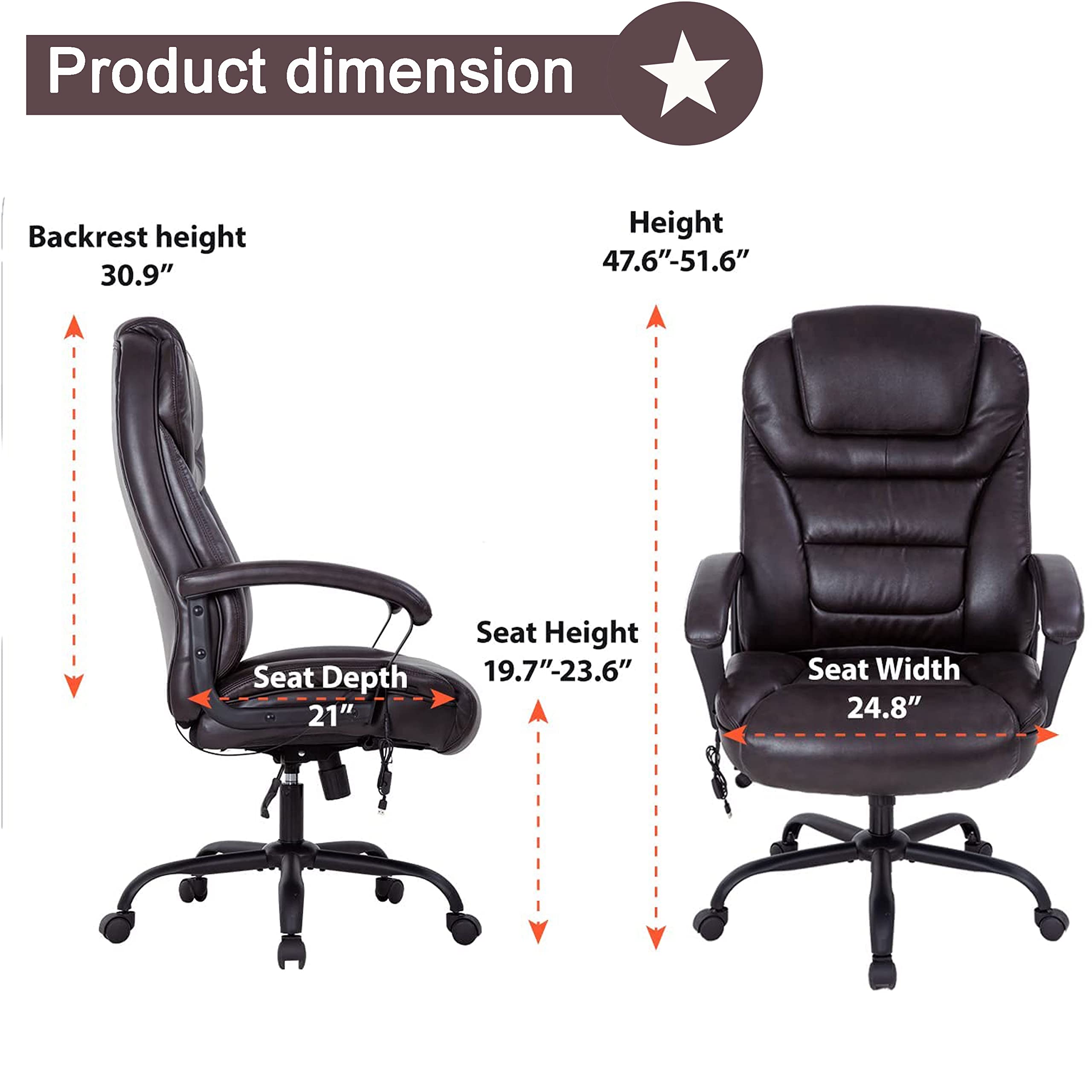 LCH Big & Tall Office Chair 500lbs Capacity - High Back Ergonomic Executive Chair with Wide Seat & Armrests - Heavy Duty Computer Desk Chair for Home Office - Perfect for Plus-Size Professionals & Gaming