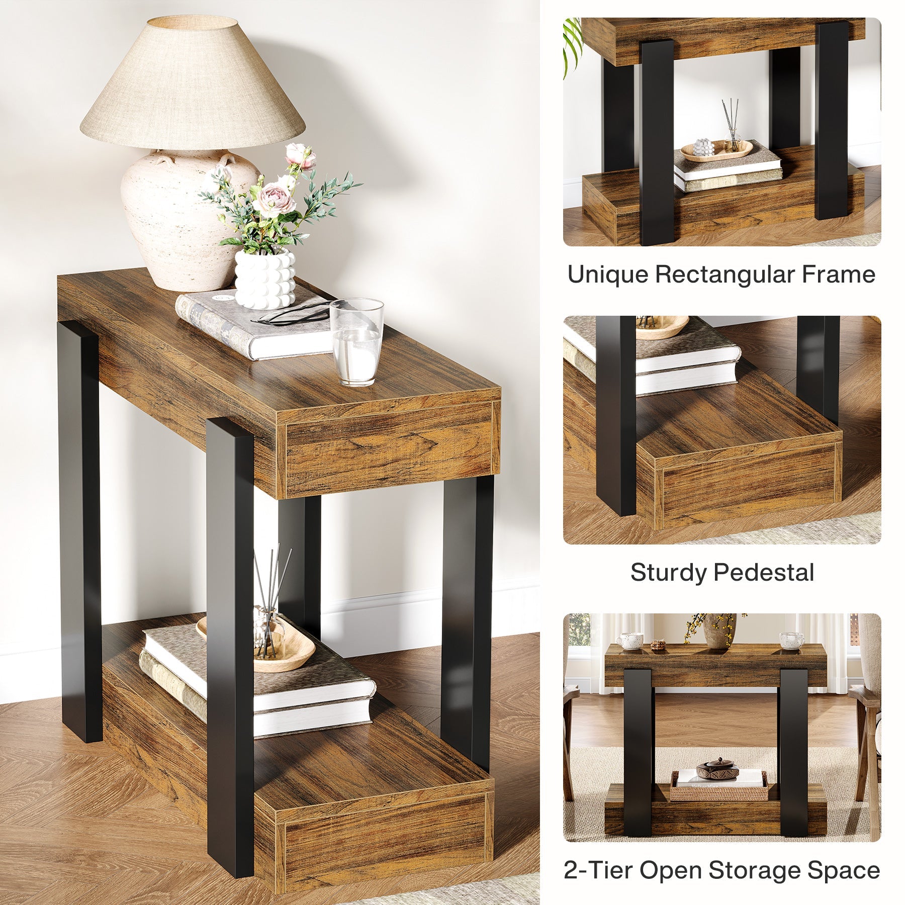 2 Tier Wooden End Table - Rustic Farmhouse Side Table for Living Room, Bedroom, or Office - Perfect for Storage and Decor