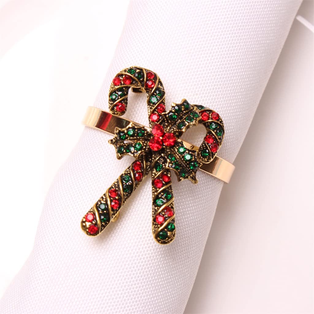 12pcs Vintage Christmas Cane Napkin Rings - Alloy Diamond Design for Holiday Table Decor, Dinner Party, and Festive Table Setting (One Size, Color A)
