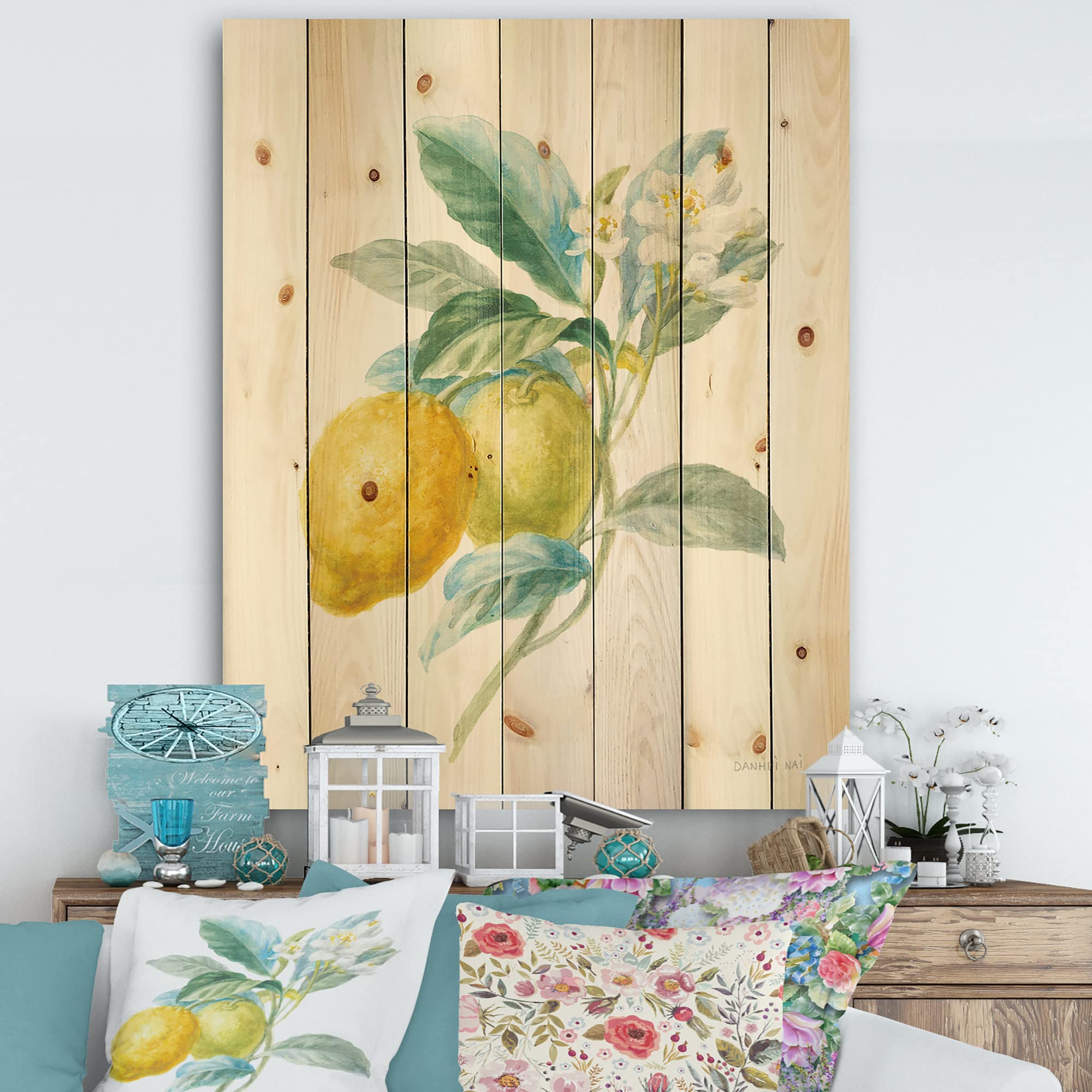 Farmhouse Lemon Floursack Wood Wall Decor - Large Yellow Wood Wall Art Panel - Natural Pine Wood Printed Food & Beverage Kitchen Decor - Perfect for Farmhouse, Country Kitchen & Cafe Wall Decoration