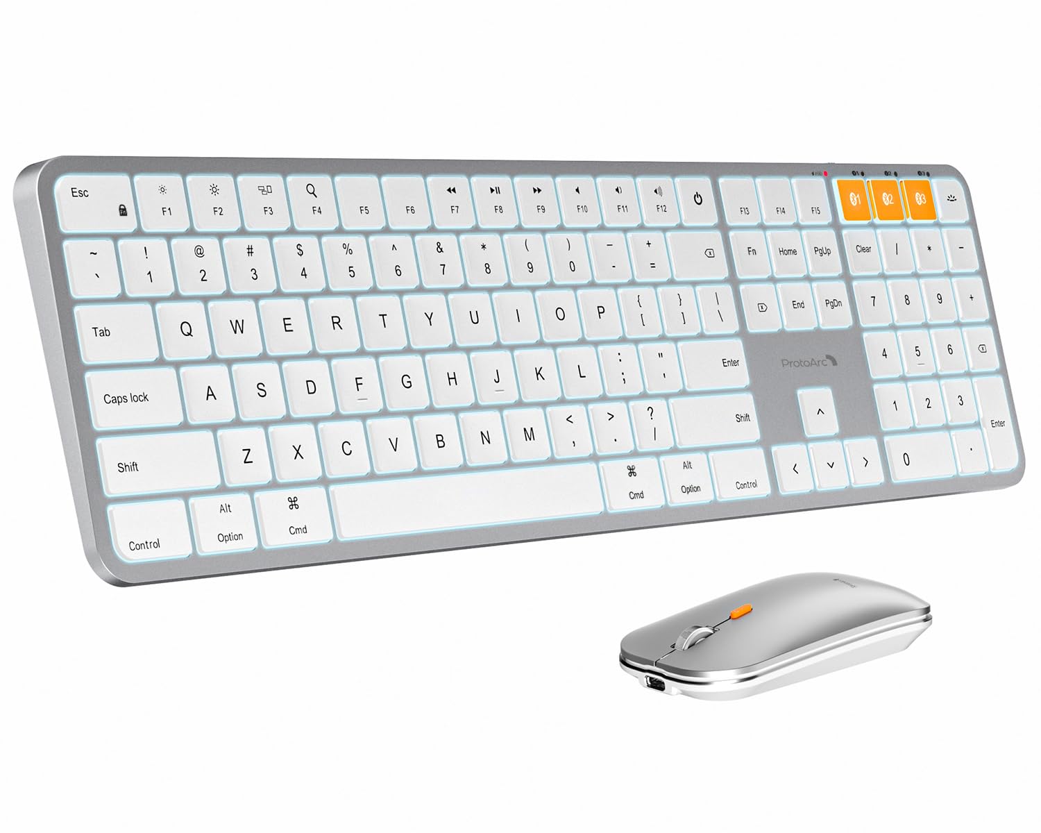 ProtoArc KM100-A Wireless Bluetooth Keyboard and Mouse Combo for Mac - Full-Size Rechargeable Backlit Keyboard with Multi-Device Connectivity for MacBook Pro/Air, iMac, iPhone & iPad (White Silver) - Perfect for Home Office, Gaming & Productivity