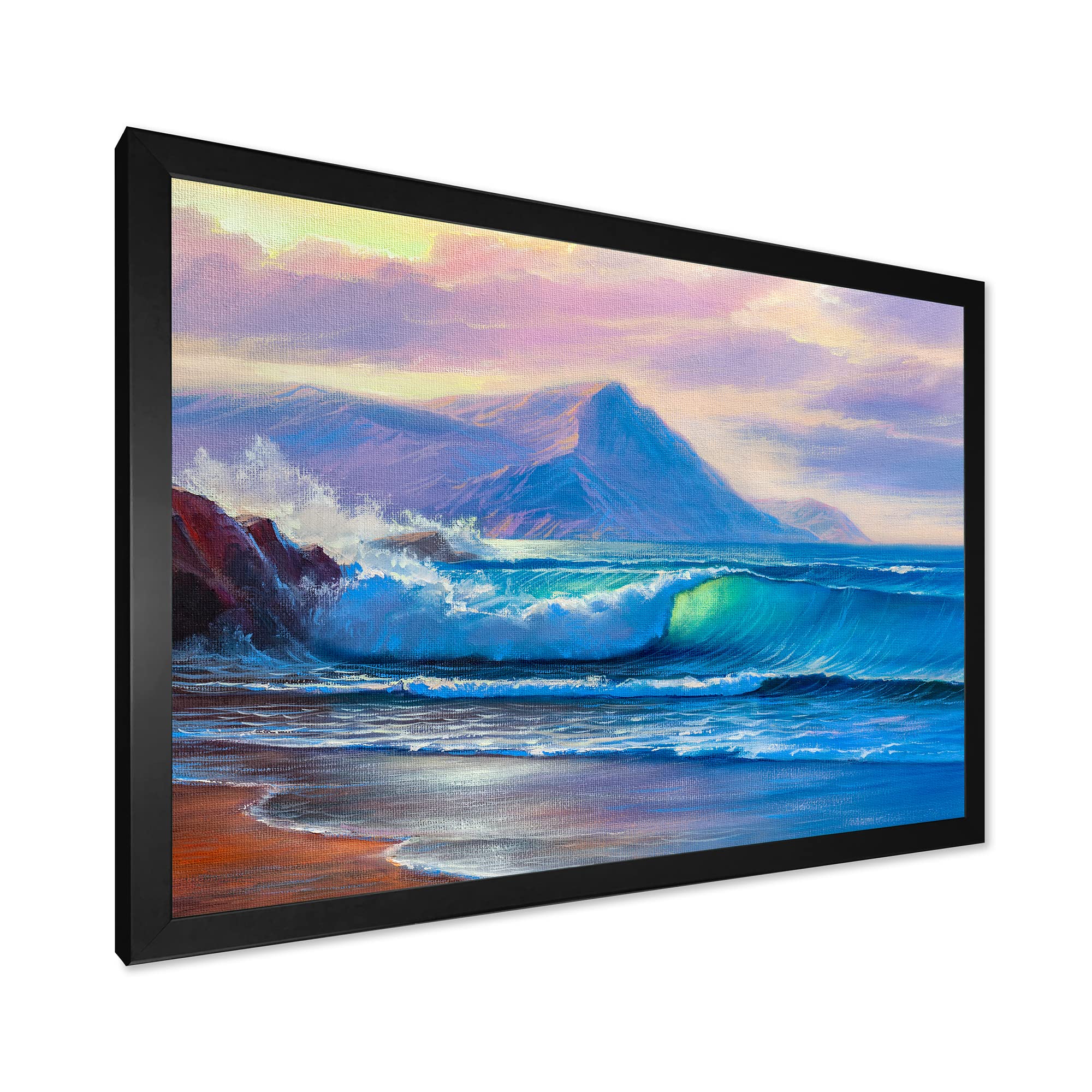 Blue Waves Breaking At The Beach - Nautical & Coastal Framed Wall Art Decor for Living Room, Bedroom, Office | Ocean Themed Home Decoration