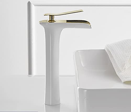 Modern Waterfall Bathroom Vessel Sink Faucet - Single Handle White Gold Finish - Perfect for Contemporary Vanities, Powder Rooms & Spa-Style Bathroom Decor