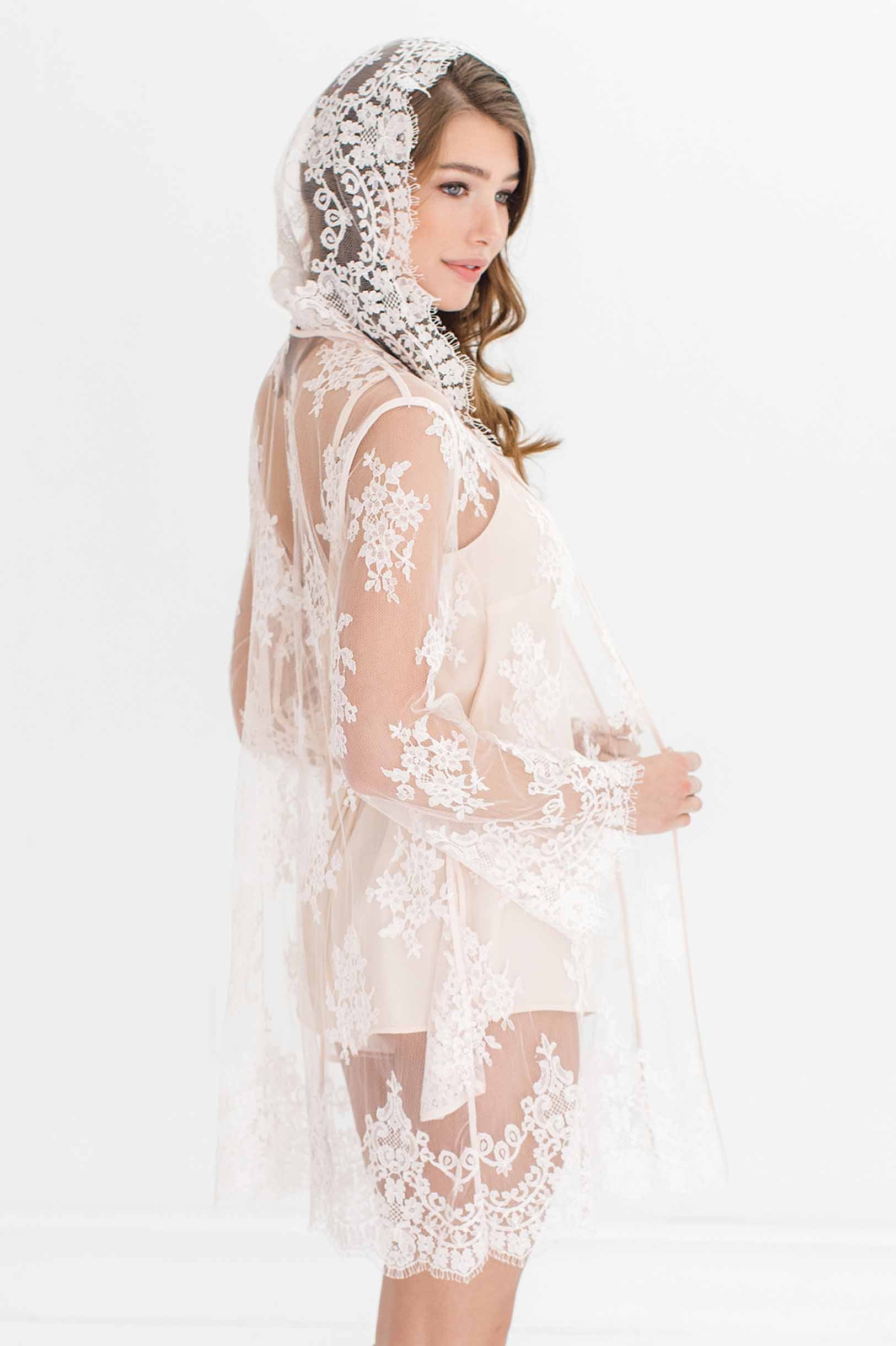 Stella Hooded French Lace Robe in Ivory - Elegant Bridal Lingerie & Boudoir Nightgown for Honeymoon, Wedding Night, and Special Occasions