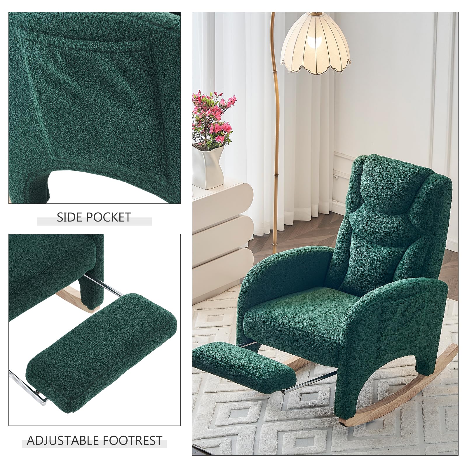 Hommoo Modern Teddy Fabric Rocking Chair with Adjustable Footrest - High Back Nursery Glider Rocker for Mom and Baby, Green Upholstered Accent Chair - Perfect for Nursery, Living Room & Bedroom Relaxation