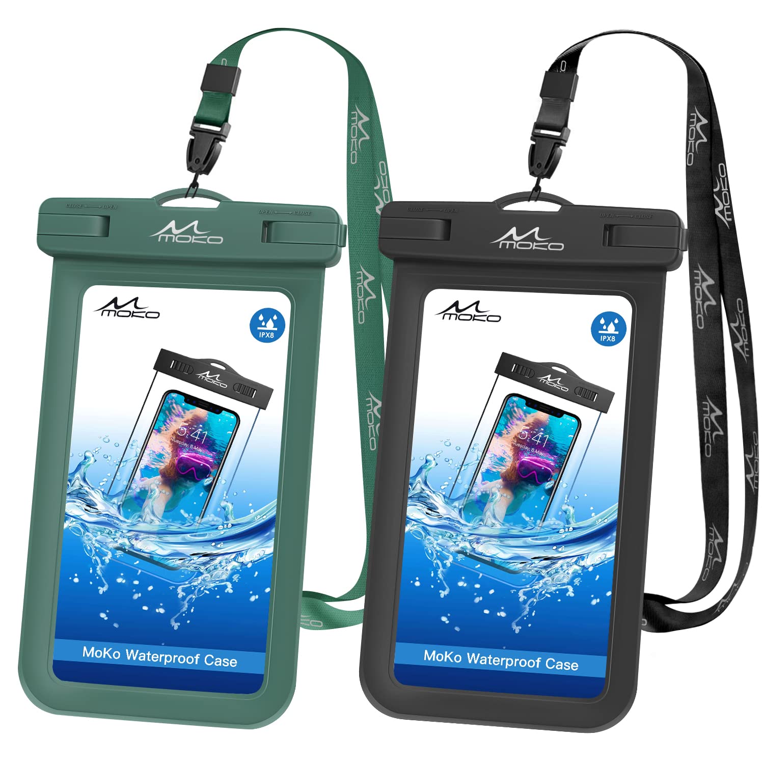 Waterproof Phone Pouch [2 Pack] - IPX8 Certified Underwater Dry Bag with Lanyard for iPhone 13/12/11 Pro Max, Galaxy S22/S21/20, Huawei P50 | Perfect for Swimming, Beach, Kayaking & Outdoor Adventures (Army Green + Black)