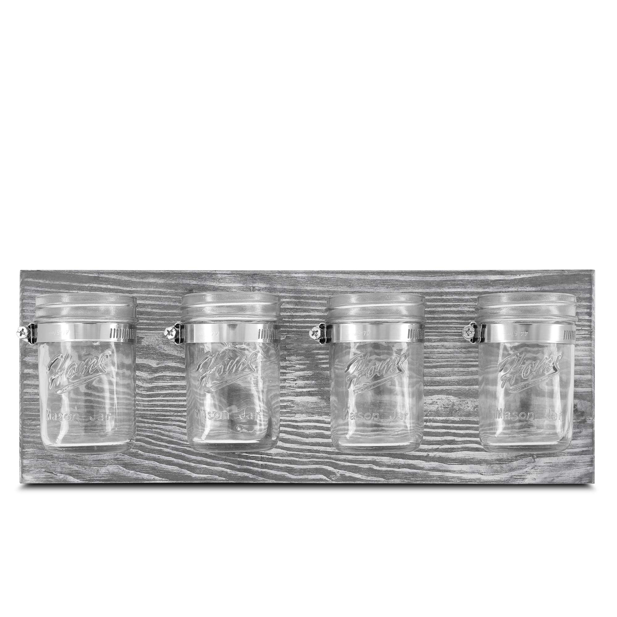 BeSuerte Rustic Antique Mason Jar Organizer - Gray Wall Mounted Hanging Holder with 4 Jars for Home Decor, Kitchen, Bathroom, Office & Farmhouse Style | Perfect for Organizing Spices, Utensils, Cotton Balls & DIY Crafts