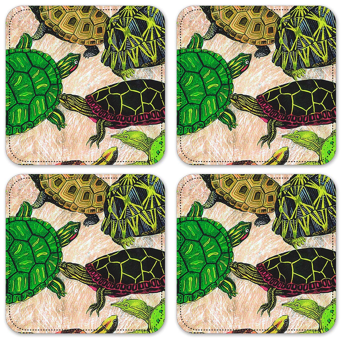Waterproof Vinyl Drink Coasters Set of 4 - Cute Turtle Design - Perfect for Coffee Tables, Bars & Home Decor