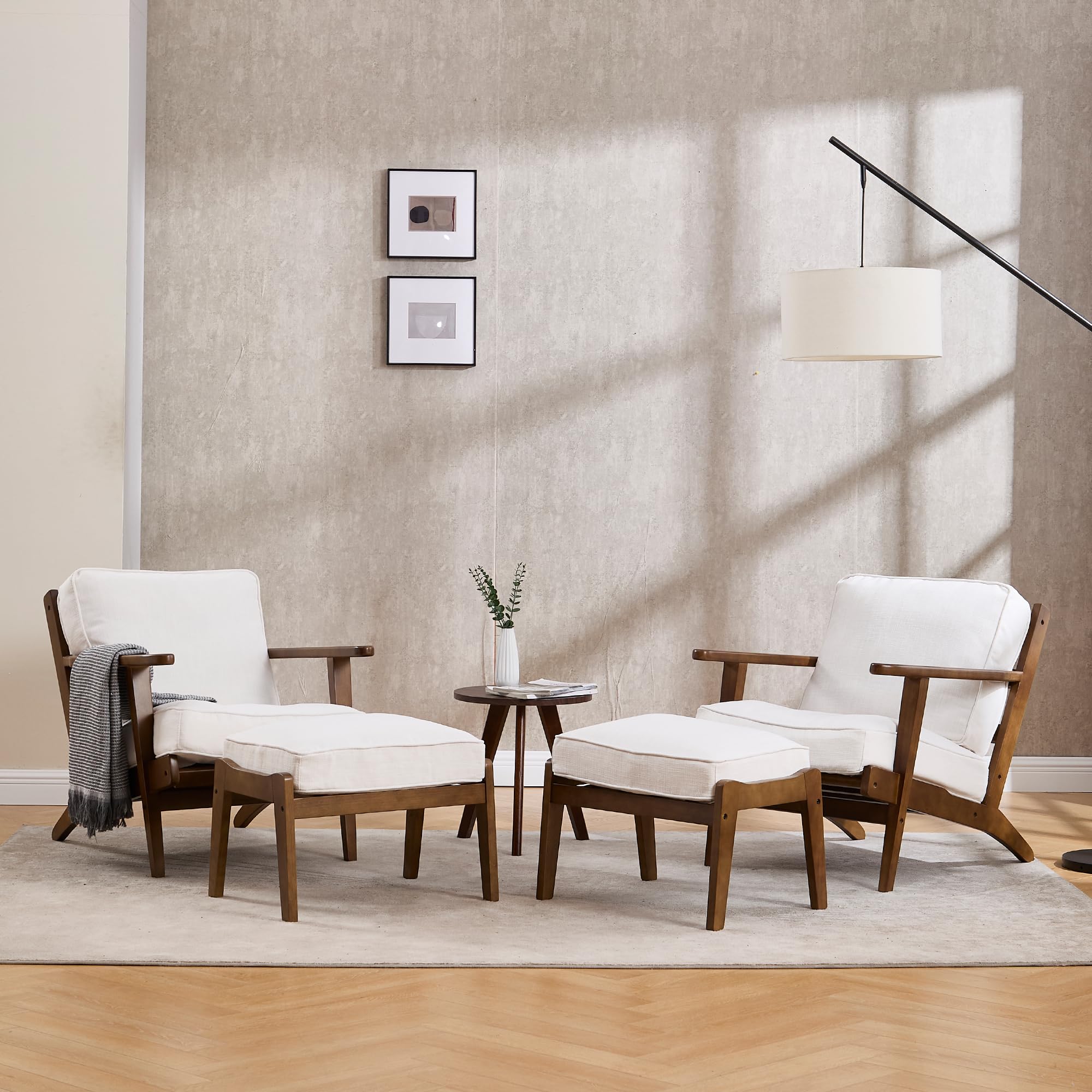 Mid Century Modern Accent Chair with Ottoman - Solid Wood Frame Upholstered Fabric Armchair for Living Room, Bedroom, Reading Nook - Elegant Beige Lounge Chair for Relaxation & Home Decor