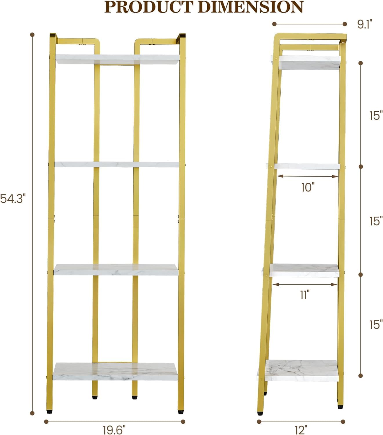 GARVEE 4-Tier Ladder Shelf - Gold Metal Frame with Marble Finish MDF Board, Adjustable Legs - Perfect for Living Room Storage, Home Office Organization & Kitchen Decor