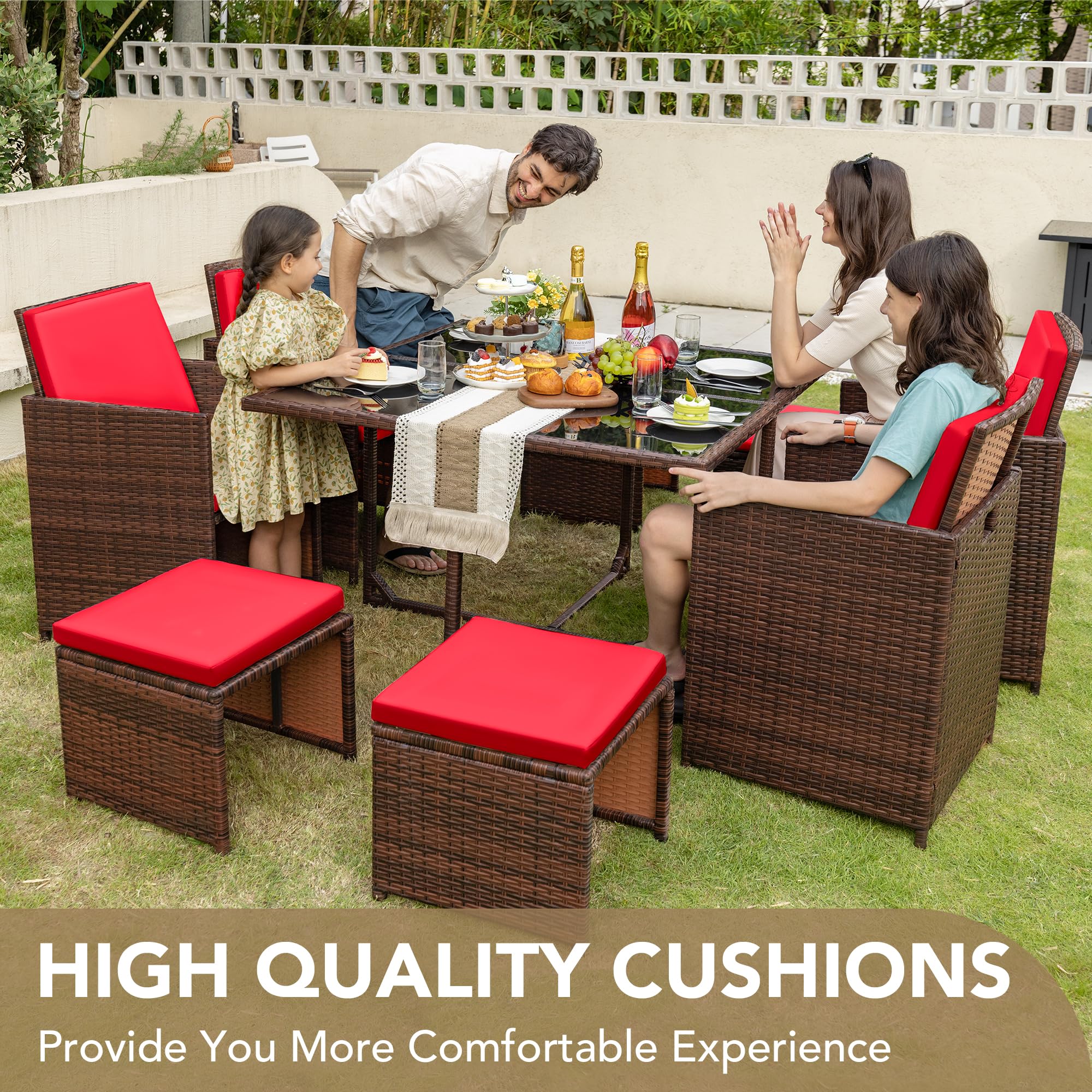 Devoko 9-Piece Outdoor Patio Dining Set with Rattan Chairs, Glass Table & Cushions - Space-Saving Conversation Furniture for Garden, Backyard, Poolside (Red)