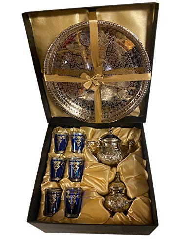 Premium Moroccan Tea Set with Teapot, 6 Glasses & Sugar Jar - Silver Tray Gift Box (Cobalt Blue) for Authentic Mint Tea Ceremony & Home Decor