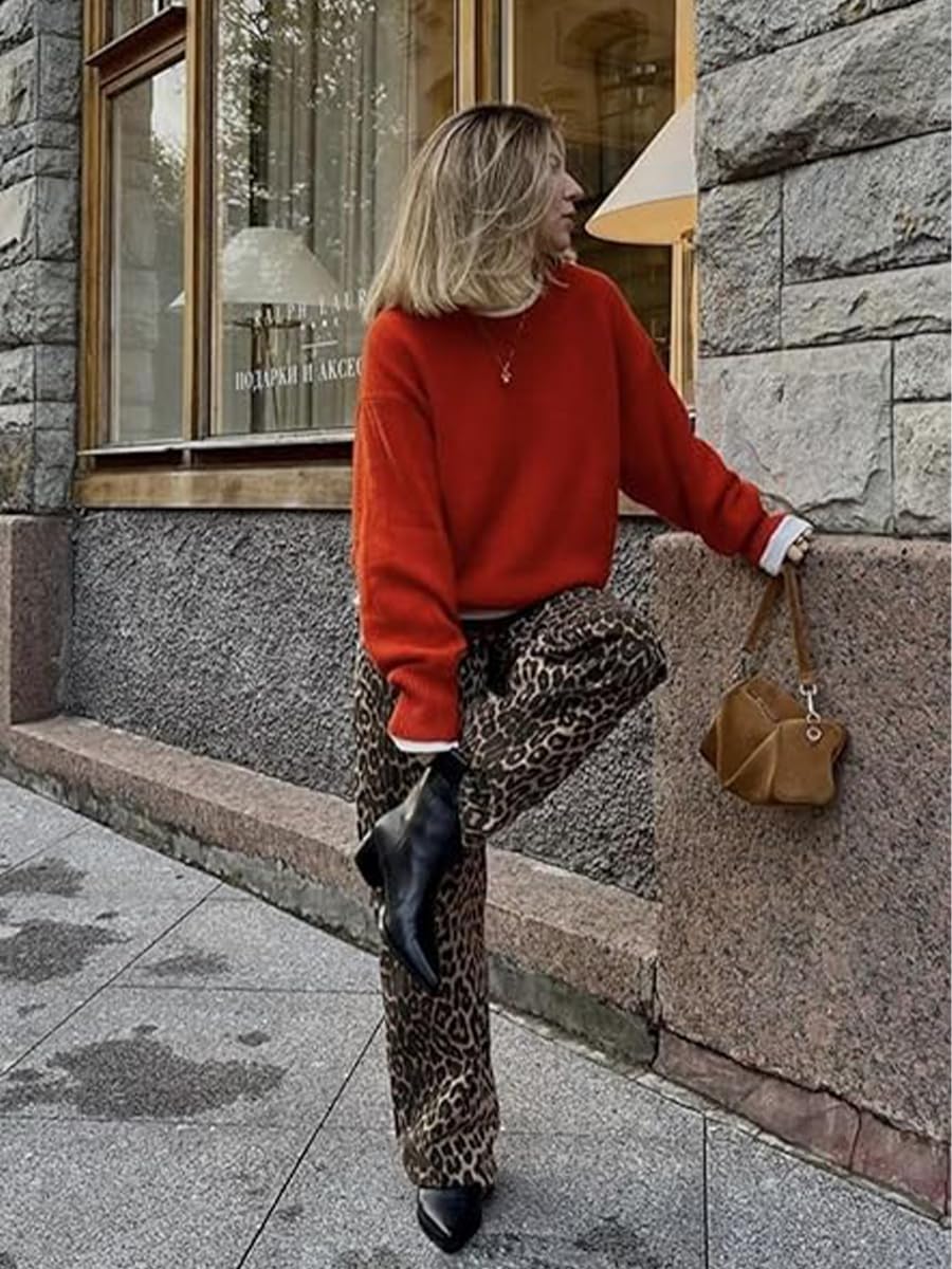 Y2K Leopard Print Baggy Jeans - Oversized Straight Leg Wide Pants for Men & Women | Streetwear Fashion for Casual Outfits & Retro Style