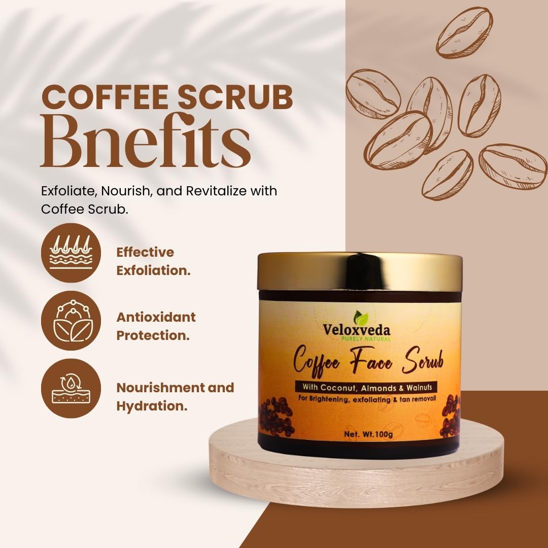VeloxVeda Coffee Face Scrub for Women & Men - Natural Exfoliating Scrub with Coconut Oil & Shea Butter | Blackhead Remover & Skin Brightener | Organic, Paraben-Free, Cruelty-Free (100g) | Perfect for Morning Skincare Routine & Pre-Makeup Prep