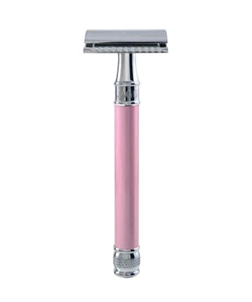 Edwin Jagger Long Handle Double Edge Safety Razor for Men - Pink Chrome Plated Safety Razor with Classic Design - Perfect for Wet Shaving, Travel & Gift Giving