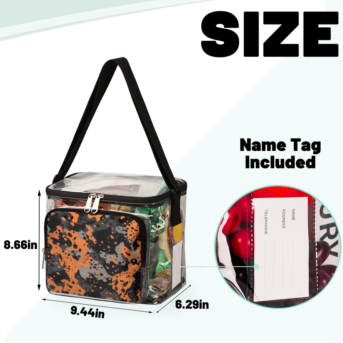 Military Camouflage Orange Black Clear Tote Bag with Handles - Transparent Crossbody Shoulder Bag for Outdoor, Travel, Picnic, Concerts & Sports Events - Stadium Approved Lunch Bag - Durable & Stylish for Camping, Beach & Shopping