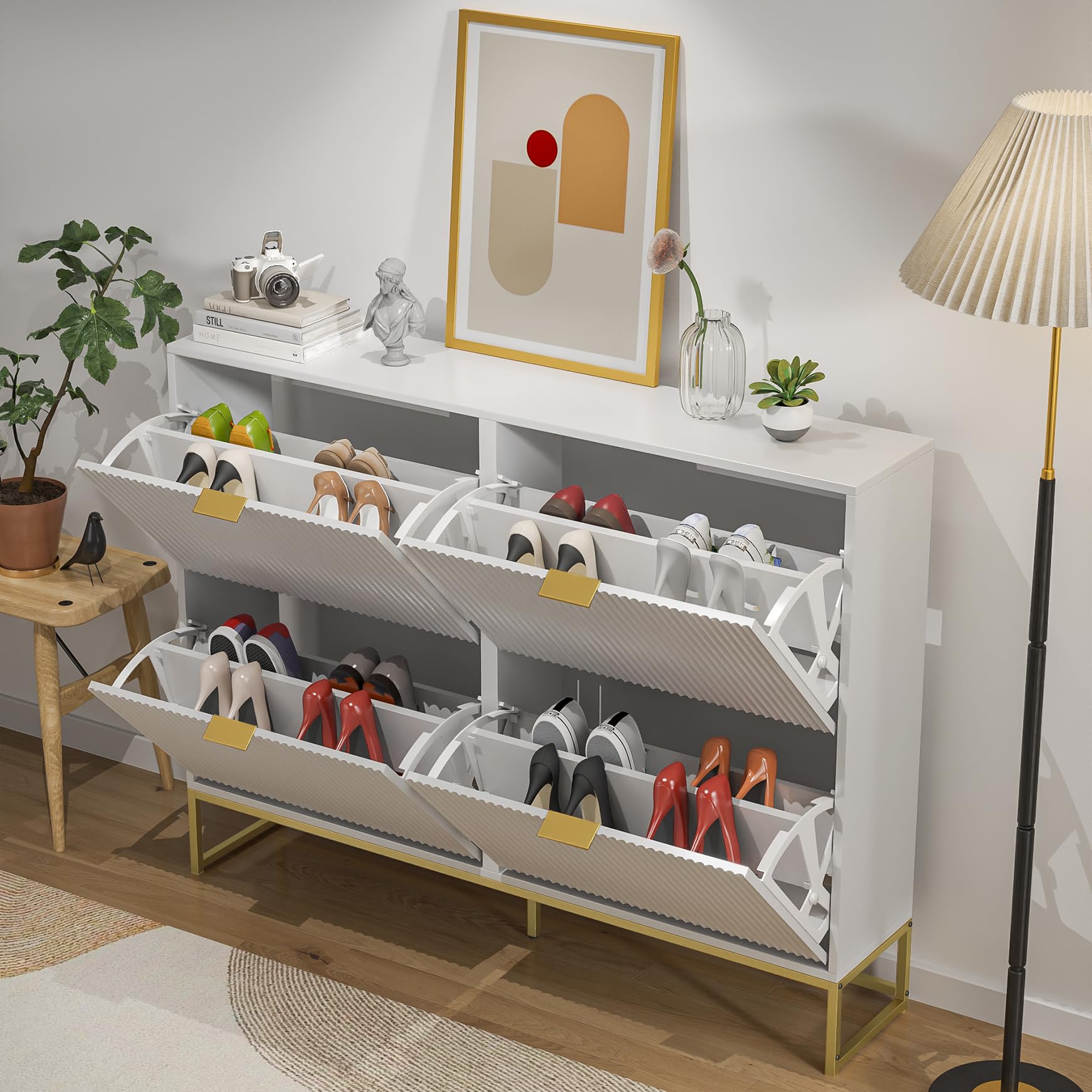 Modern Slim Shoe Cabinet Storage with 4 Flip Drawers - Freestanding Narrow Wooden Shoe Rack Organizer for Entryway & Living Room - Space-Saving Fluted Design (White) - Perfect for Small Apartments, Hallways & Closet Organization