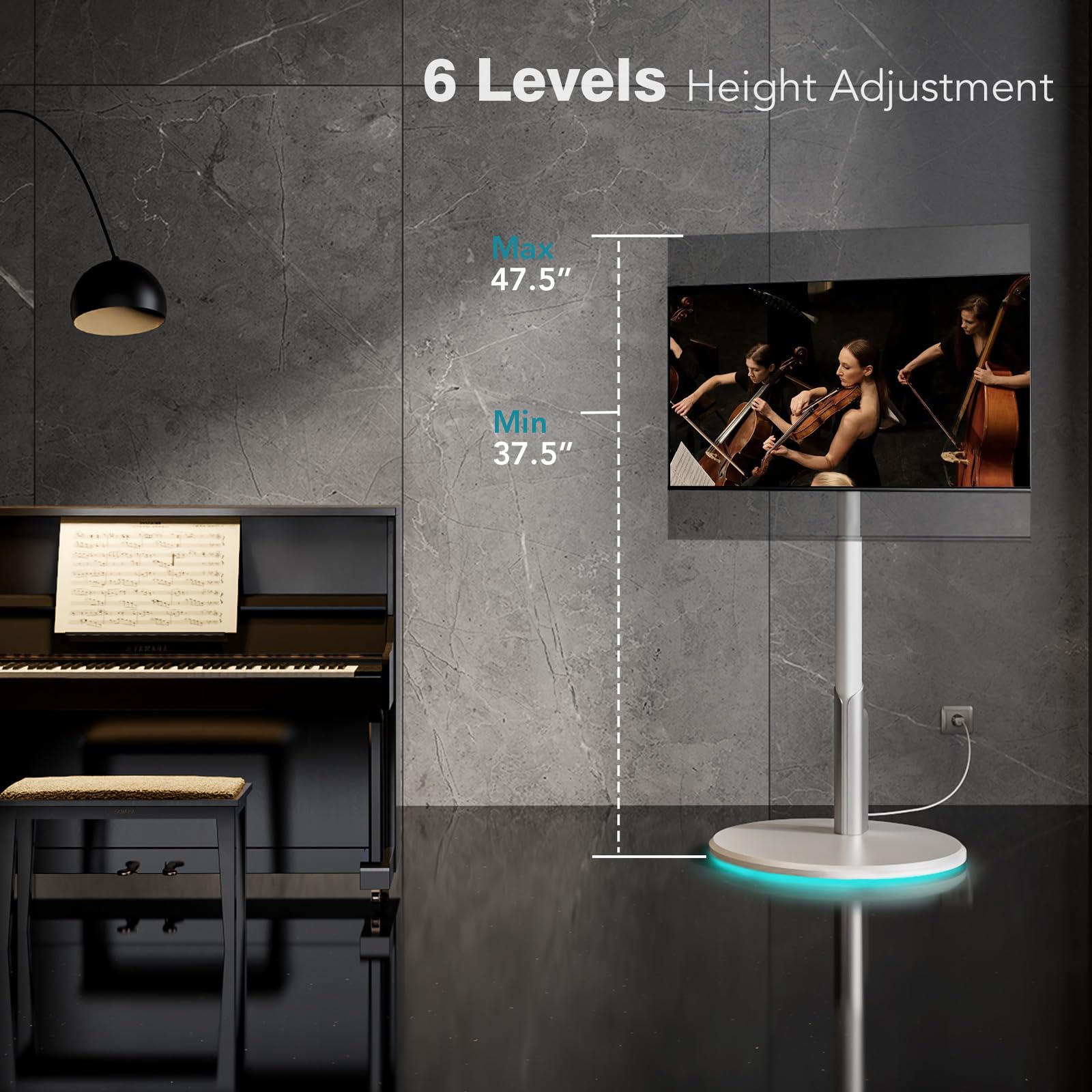 Adjustable Rolling TV Stand with Power Outlet - Mobile TV Cart for 27-65 Inch OLED LED Screens, 6 Height Settings & Ambient Lighting - Heavy Duty 400x400mm Base Supports 88lbs - Perfect for Living Rooms, Bedrooms & Home Theaters