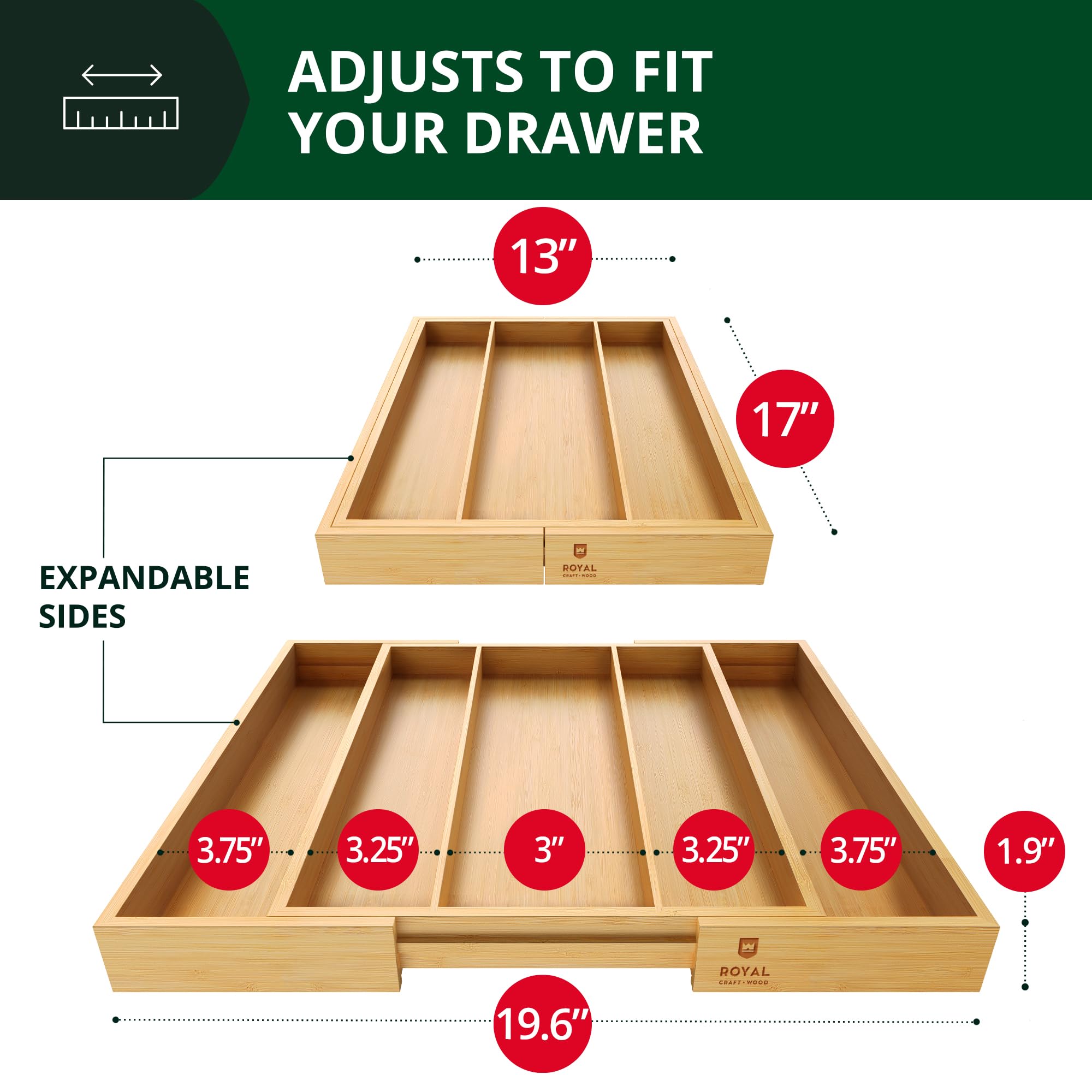Premium Bamboo Kitchen Drawer Organizer - Silverware & Utensil Holder with Adjustable Dividers | Cutlery Tray for Flatware, Knives, Spoons | Ideal for Home Kitchen Organization & Dining Room Storage