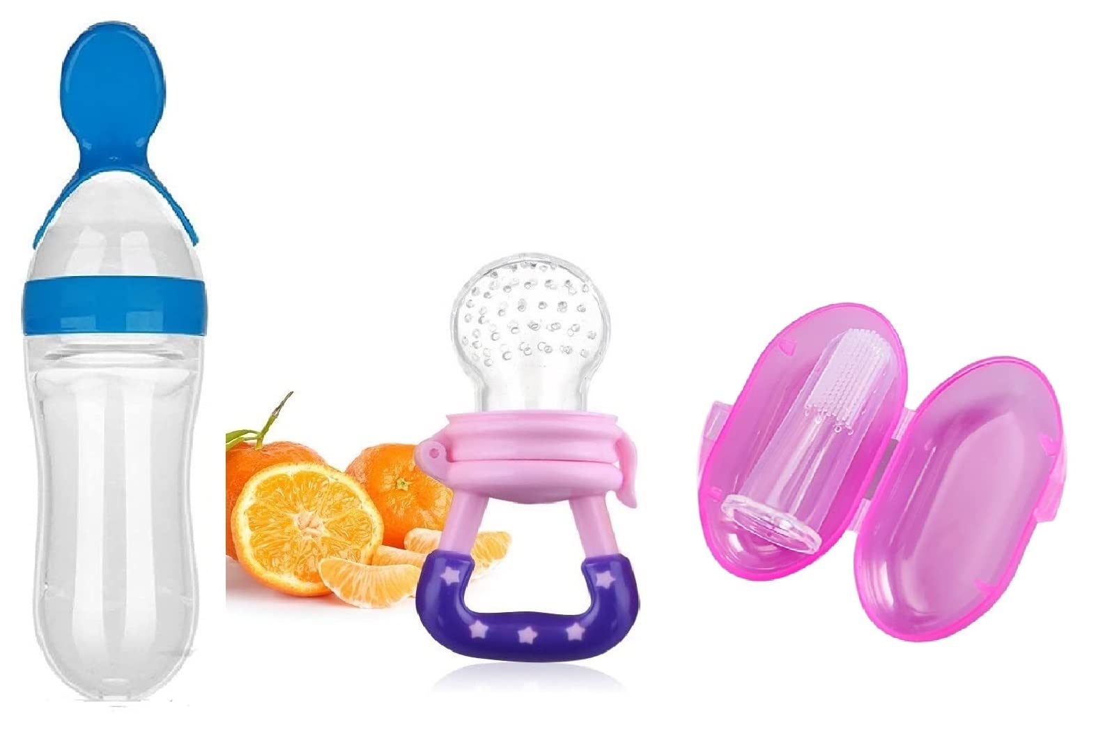 Organic Baby Fruit Feeder & Silicone Teether for 3-18 Months - Safe Pacifier with Finger Brush & Tongue Cleaner (3-Pack, Multicolor) - Perfect for First Foods & Soothing Teething Pain