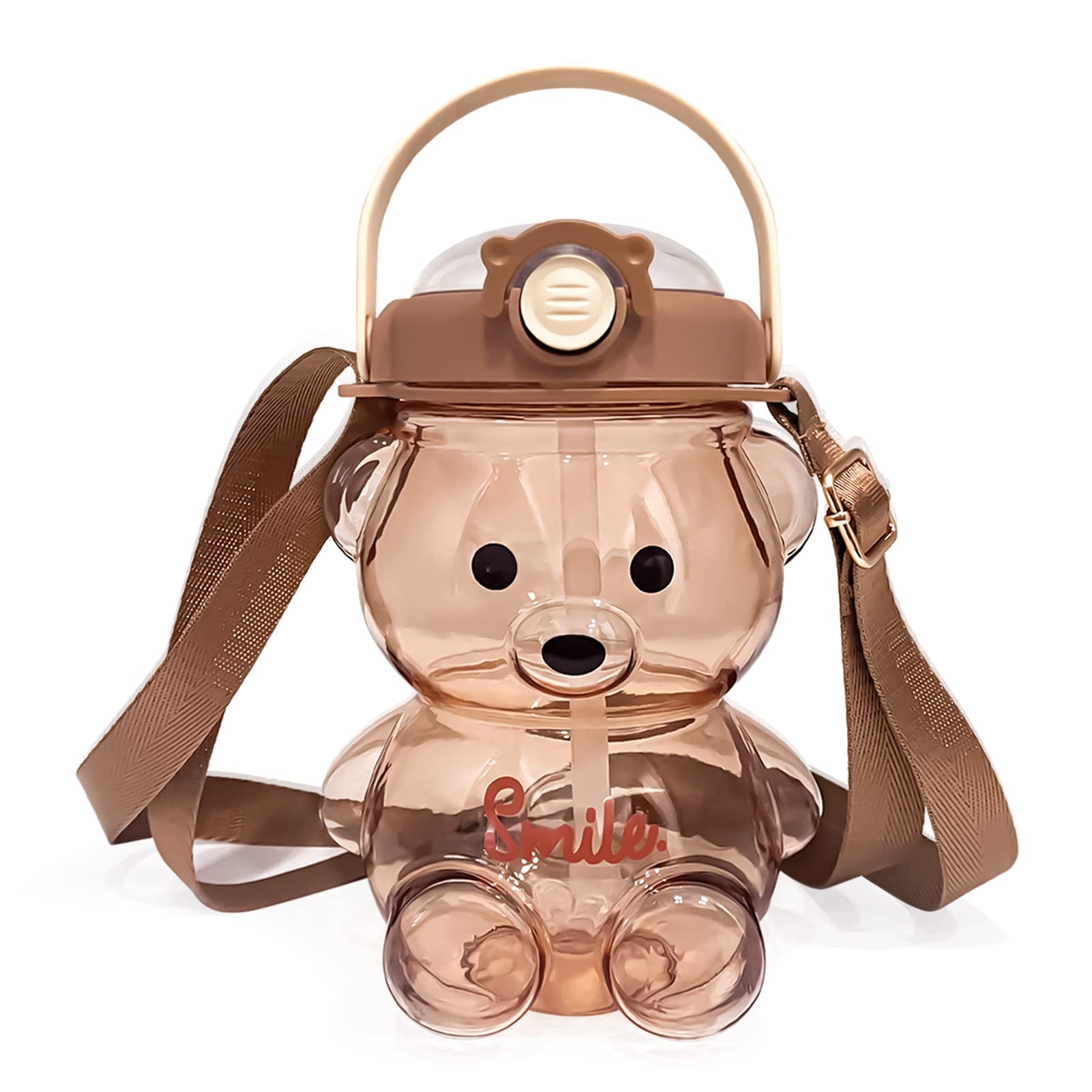 Cute Kawaii Bear Water Bottle with Straw & Strap - BPA-Free Leakproof Kids Water Bottle for Girls & Women - Portable Drinking Cup for Sports, School, Camping, Hiking, Travel & Outdoor Activities (Brown)