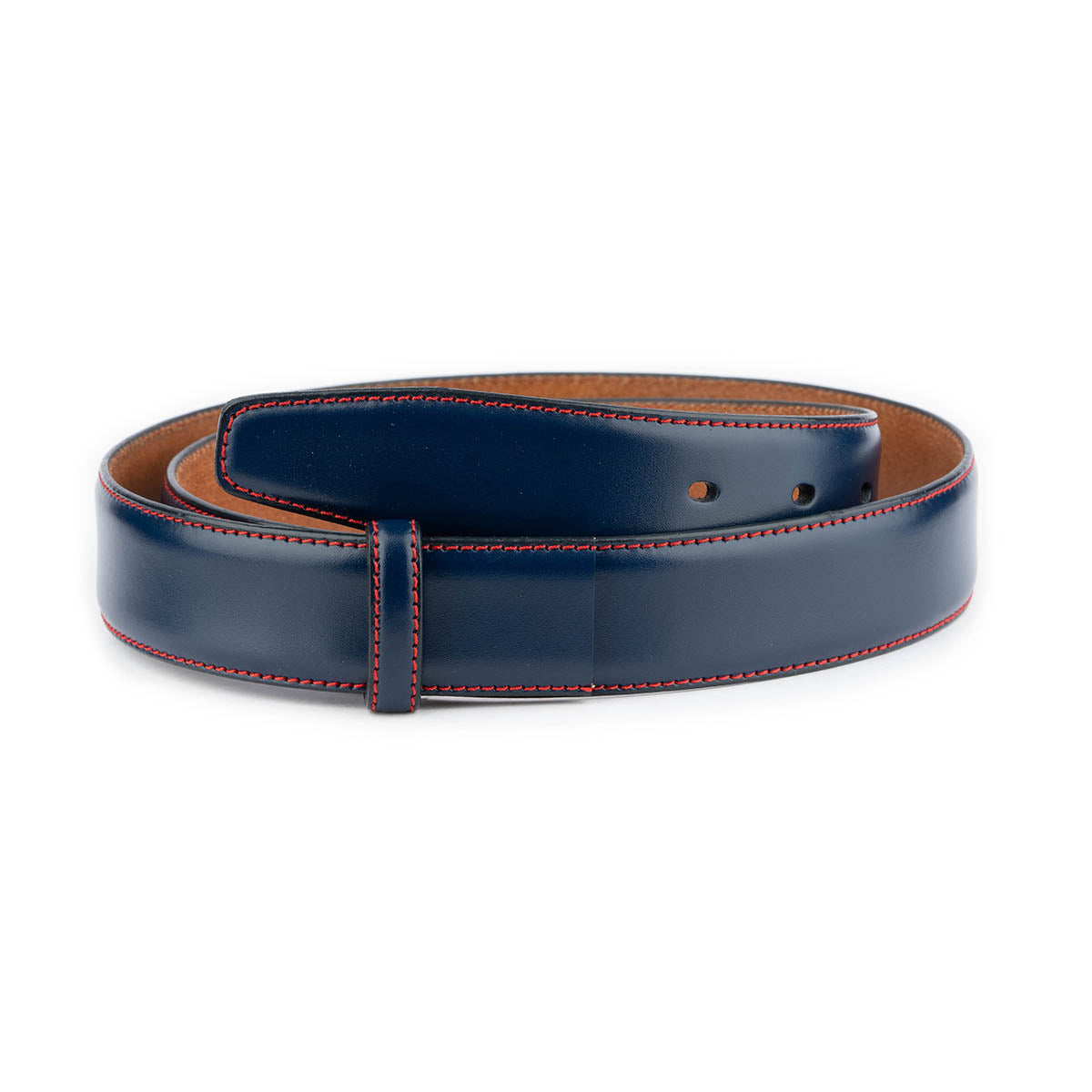 Genuine Blue Leather Replacement Belt Strap for Ferragamo Buckle - Men's Dress Belt with Red Stitching - Perfect for Business Attire & Formal Occasions