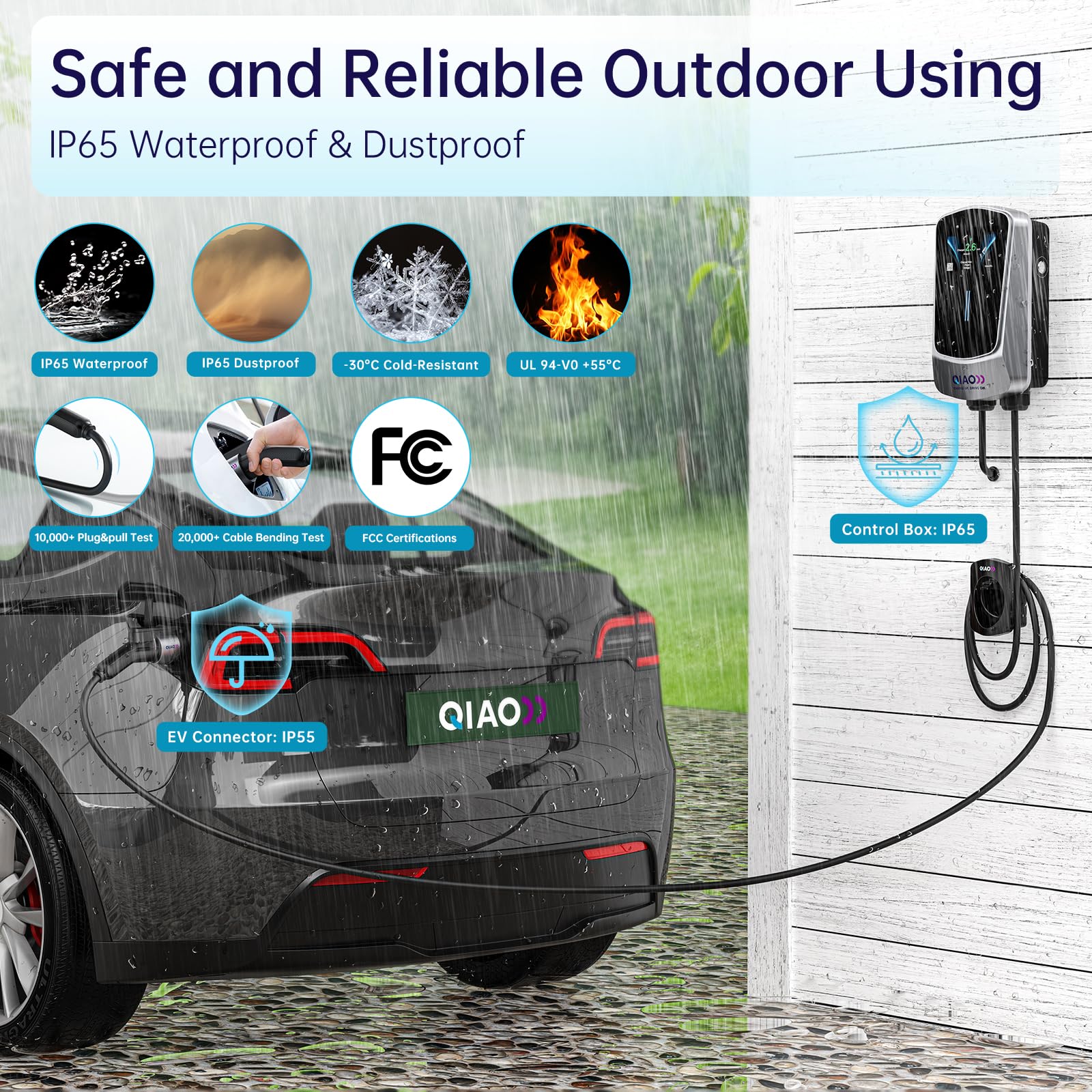 QIAO Level 2 EV Charger 48A Hardwired Electric Vehicle Charging Station with Wi-Fi & Bluetooth APP, 4.3in Display & 25ft Cable - SAE J1772 Compatible for Tesla, Nissan Leaf, Chevy Bolt (White) - Perfect for Home & Commercial Charging Stations